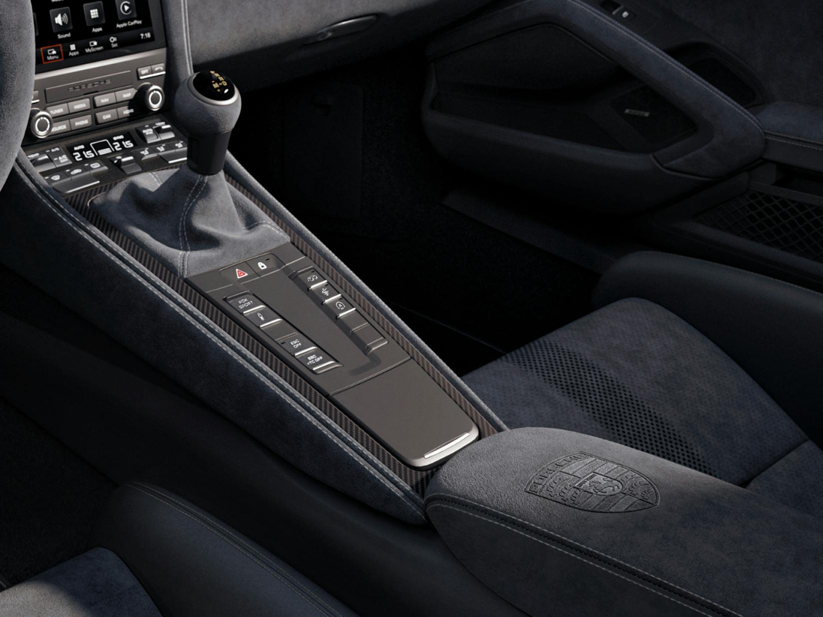 Detailed view of the centre console in the Porsche Exclusive Manufaktur 718 Spyder RS.