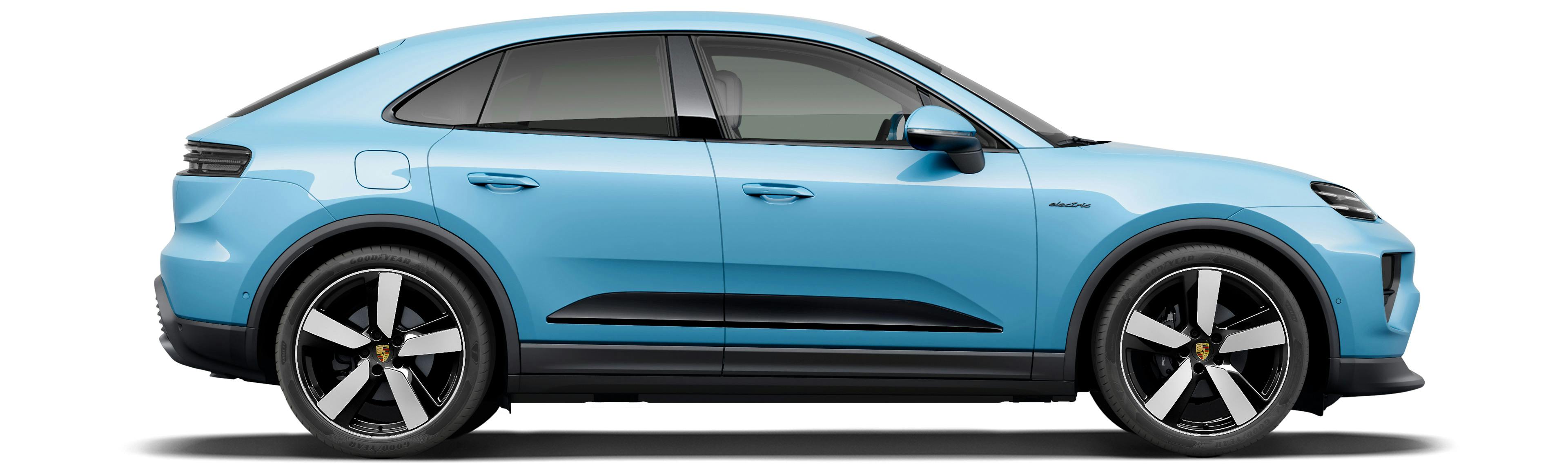 The Macan Electric in Frozen Blue Metallic against a white background.
