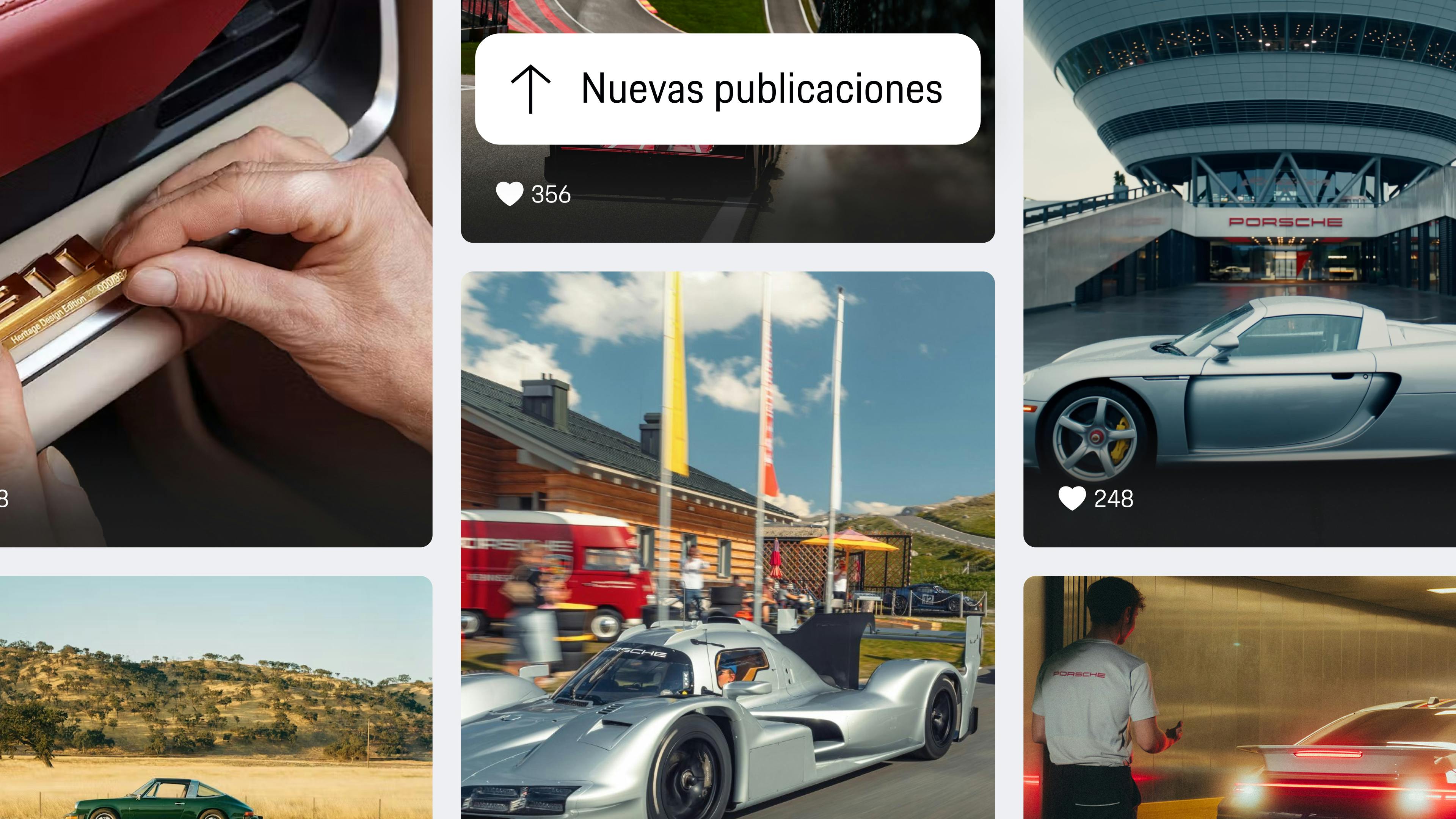 Vista de la aplicación que muestra el feed «Descubre Porsche» con nuevas publicaciones: deportes de motor, eventos, modelos clásicos y escenas del taller en formato cuadrícula.