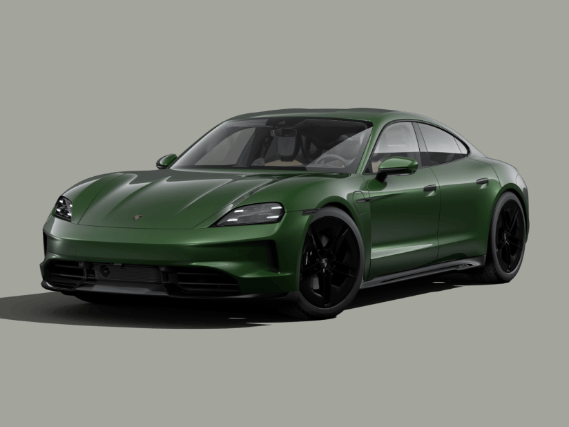 Taycan GTS in Oak Green Metallic Neo. Front view of the front and side.
