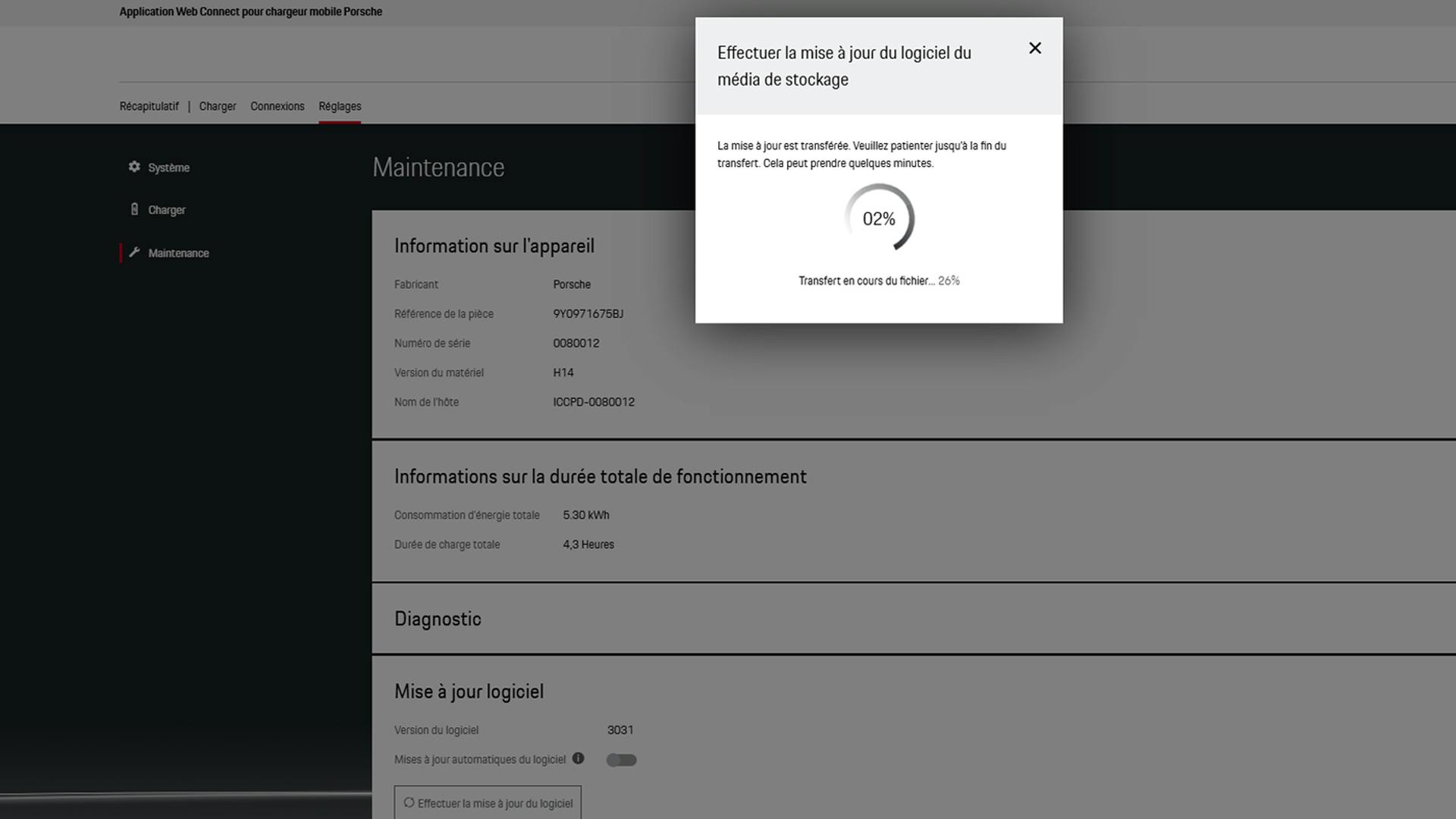 Indicateur de progression de la mise à jour du logiciel après le démarrage d’une mise à jour locale.