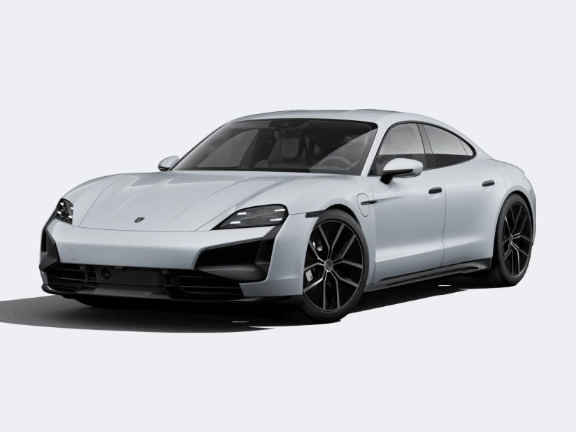 Taycan Turbo in Ice Grey Metallic. Front view of the front and side.