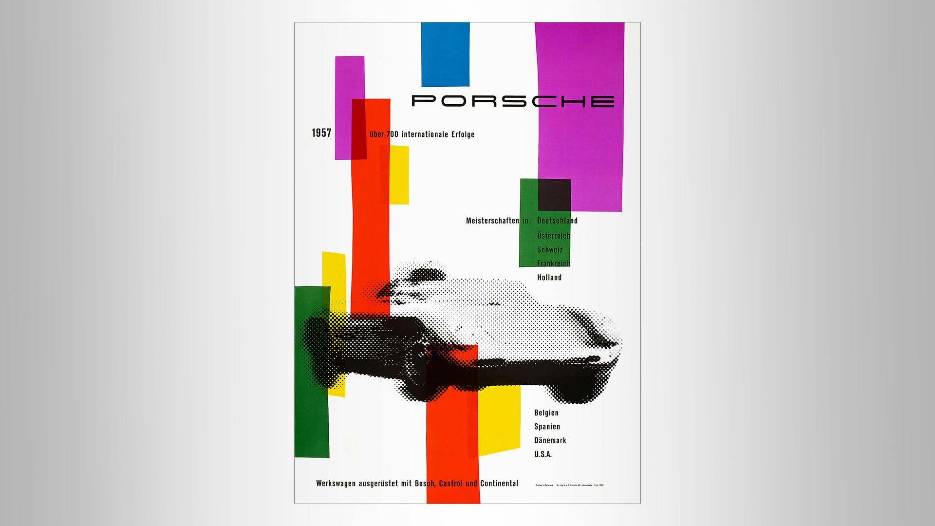 Porsche Vintage victory poster 1957 in a colorful grafic style with a black/white picture of a historic sports car.