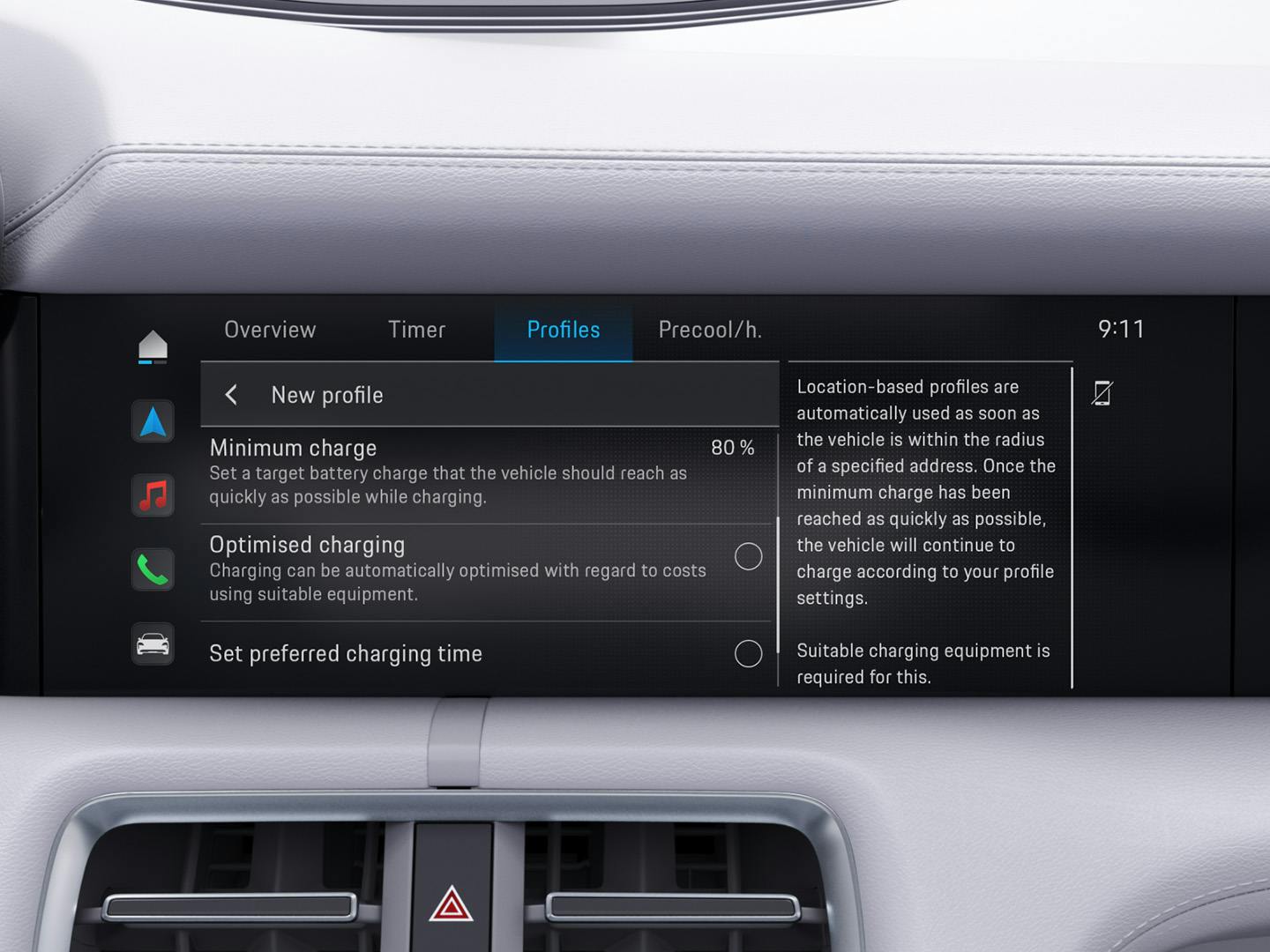 A digital display in the Porsche Taycan showing various options, including the minimum charge of 80%.