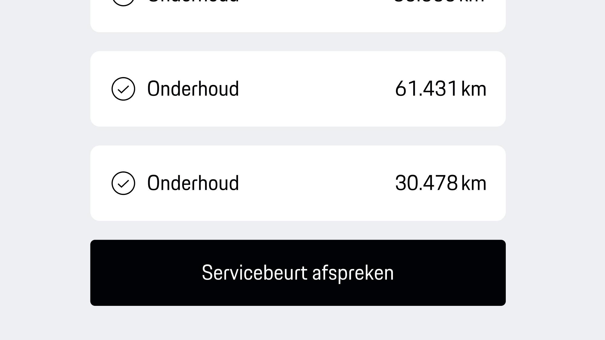 App-weergave van inspectielijst met kilometerstanddetails en zwarte knop 'Afspraak maken' voor het plannen van service.