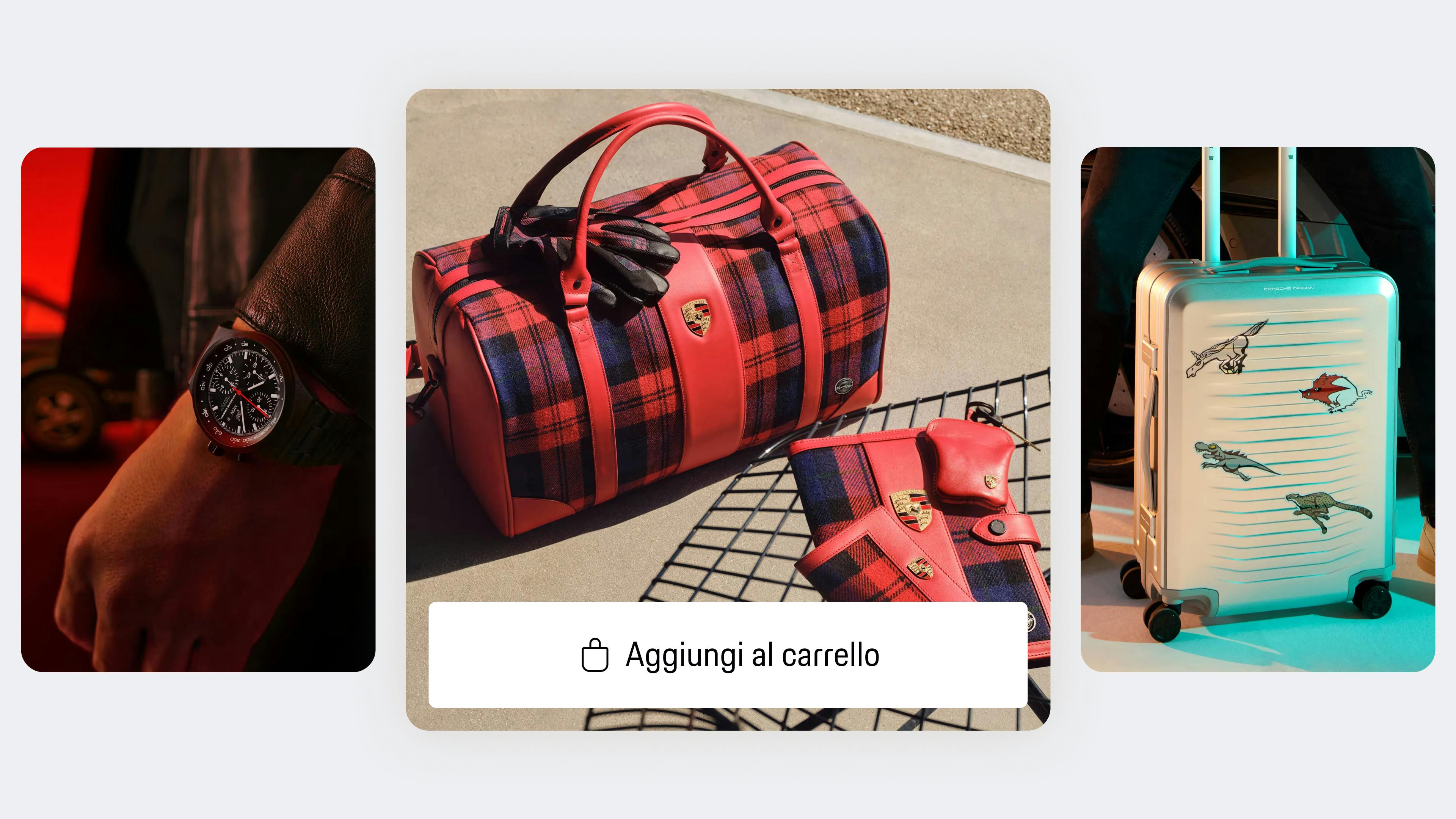 Vista dell'app che mostra una borsa Porsche con motivo a scacchi rossi, guanti e portafoglio, con pulsante “Aggiungi al carrello” per l'opzione di acquisto.