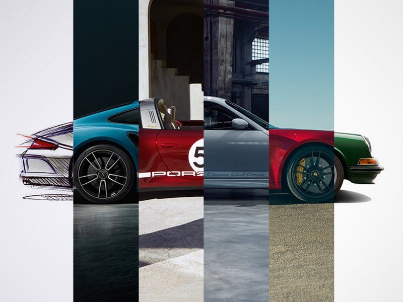 Harlequin motif with various Porsche Sonderwunsch (special request) vehicles.