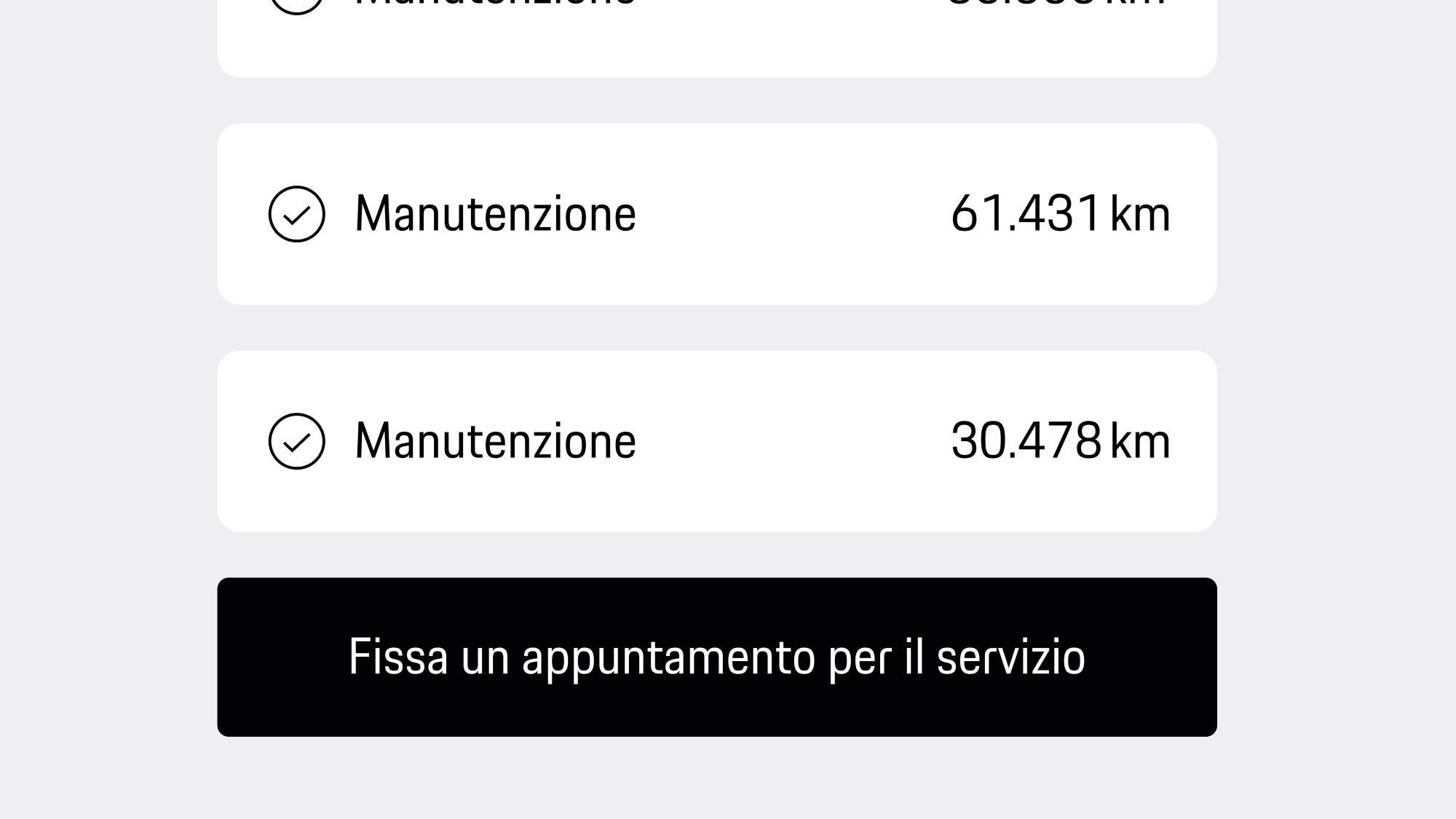 Vista dell'app che mostra l'elenco delle ispezioni con i dettagli sul chilometraggio e il pulsante nero “Prenota appuntamento” per programmare l'assistenza.