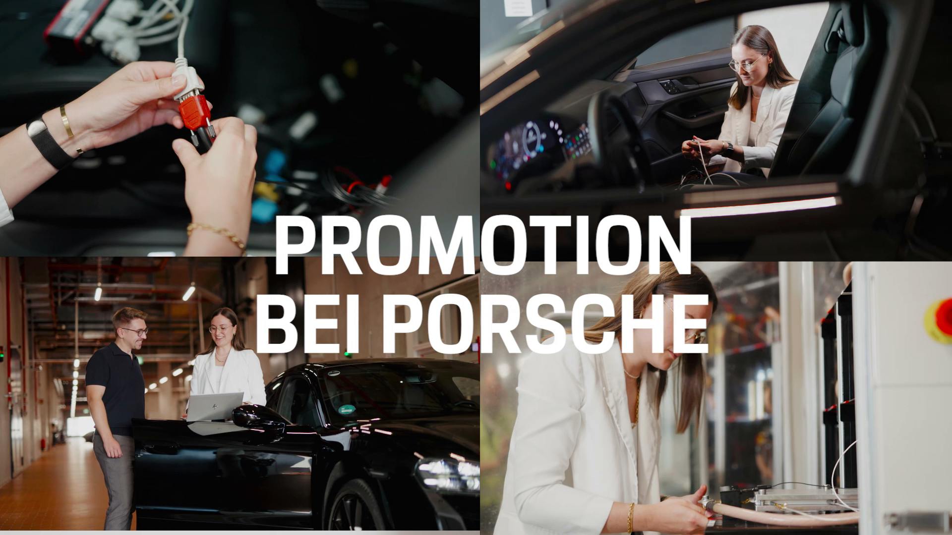 Ein Zusammenschnitt mehrerer Bilder, auf denen Studierende in der Entwicklung zu sehen. Das Bild wird überblendet von dem Schriftzug Promotion bei Porsche