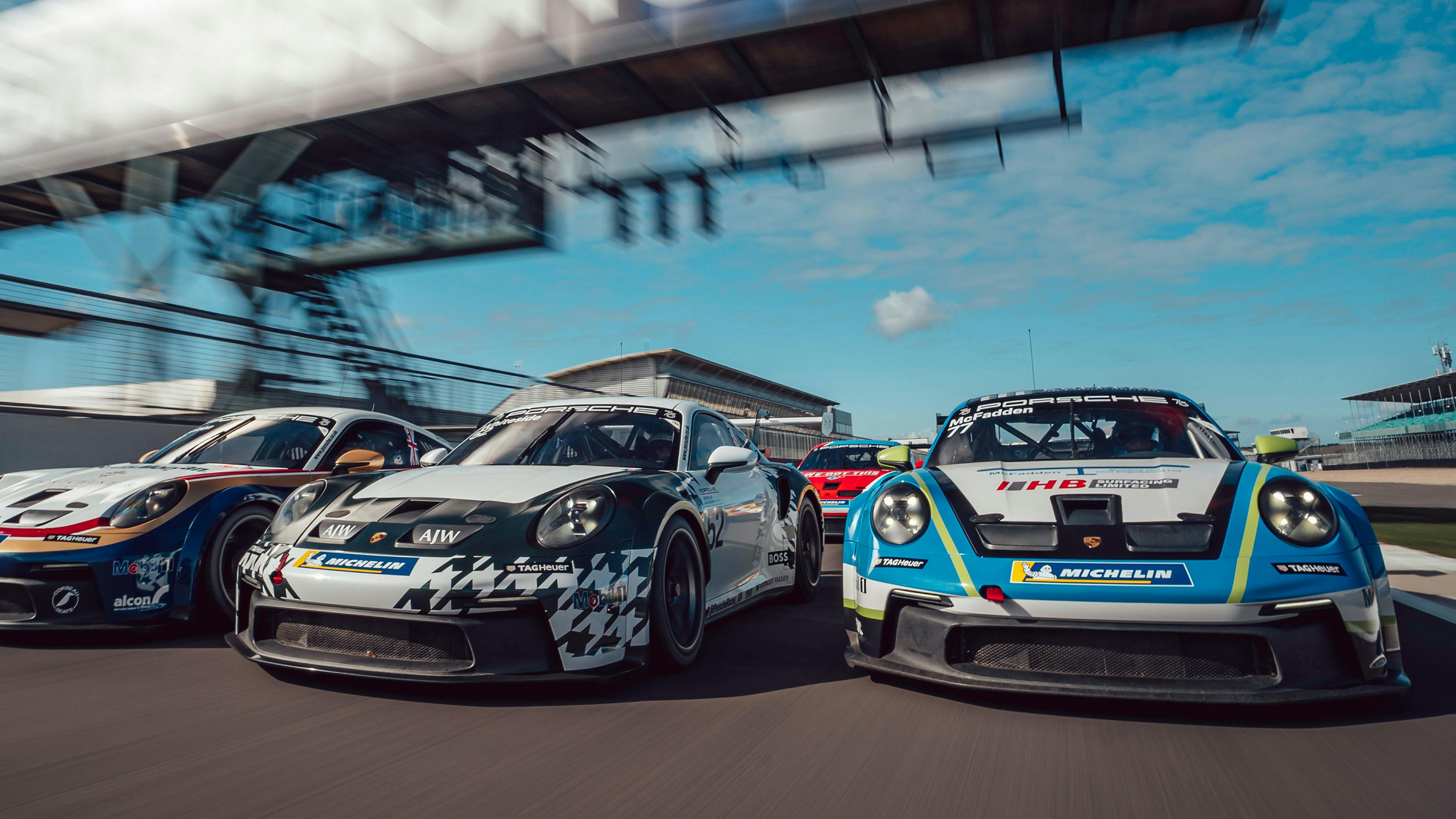 Three Porsche Carrera Cup GB cars at Silverstone Championship Launch Day 2023