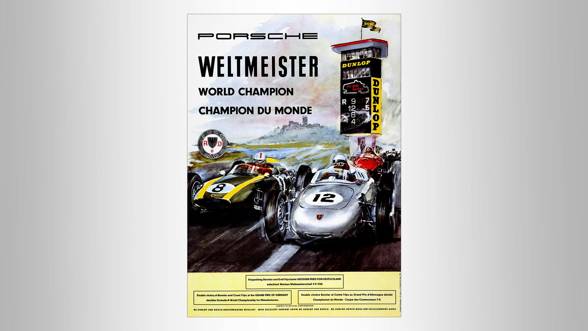 Porsche racing poster in painted style and the lettering: World Champion - World Champion - Champion du Monde - Double victory Bonnier and Graf Trips at the German Grand Prix.