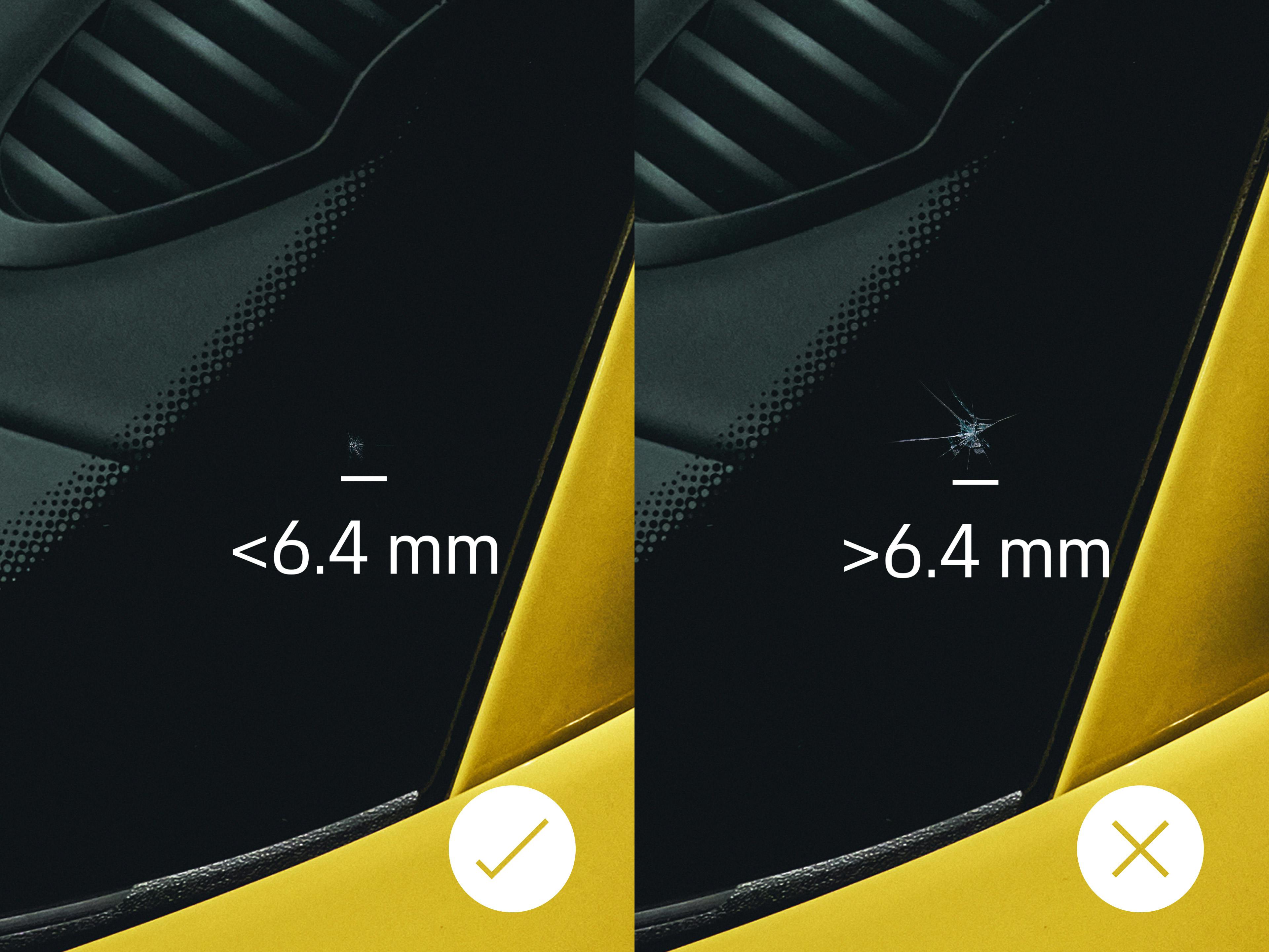 Image comparative montrant une fissure de pare-brise acceptable et une fissure non acceptable.