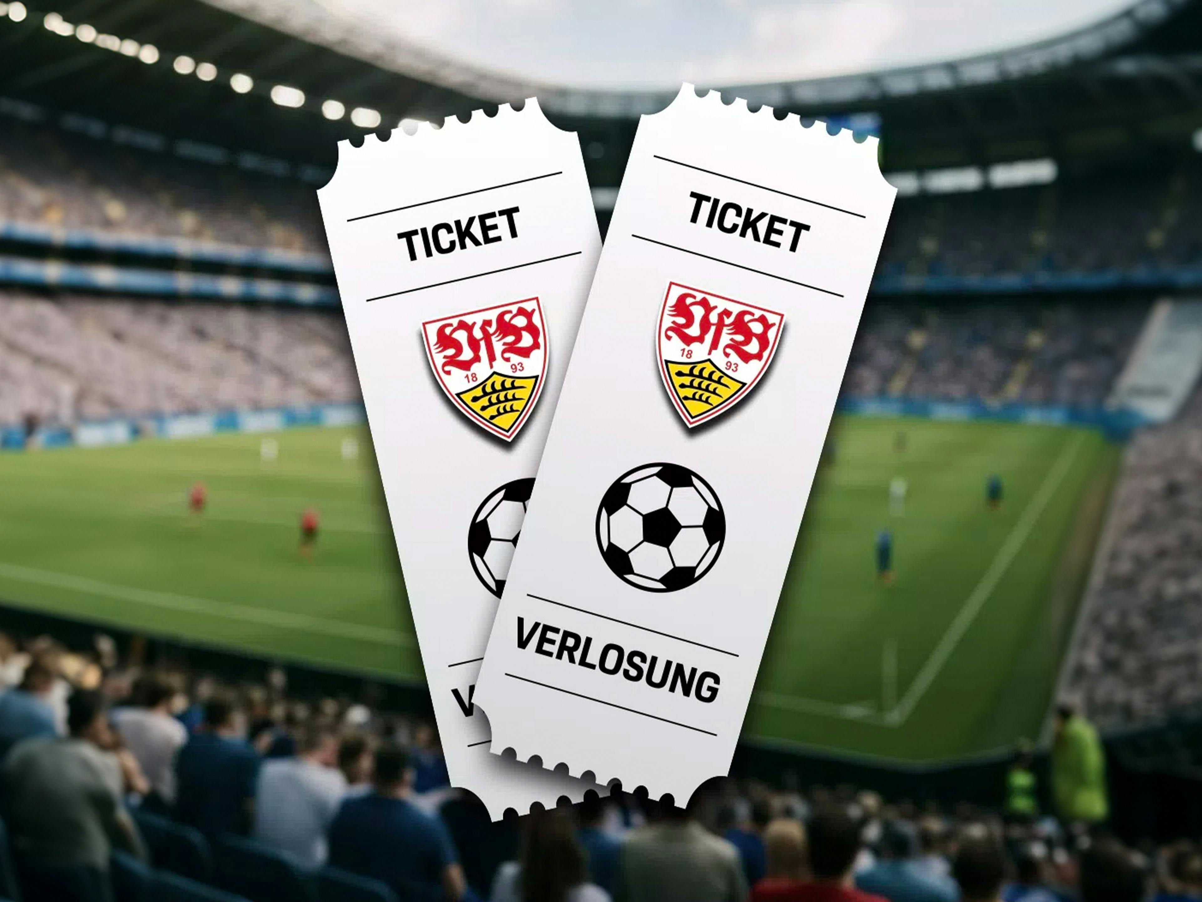 Zwei symbolische Tickets für den VfB Stuttgart, im Hintergrund ist das Stadion.