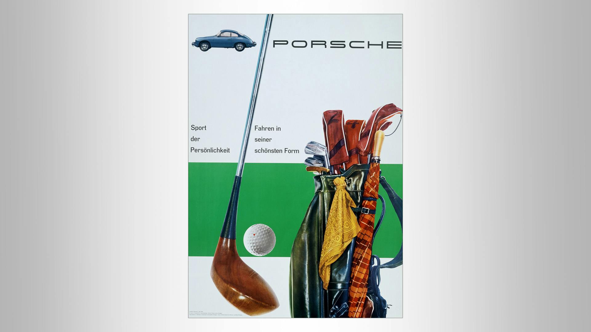 Porsche vintage advertising poster with a blue Porsche, golf club, golf bag on green-white background with the slogan: Sport der Persönlichkeit. Fahren in seiner schönsten Form.