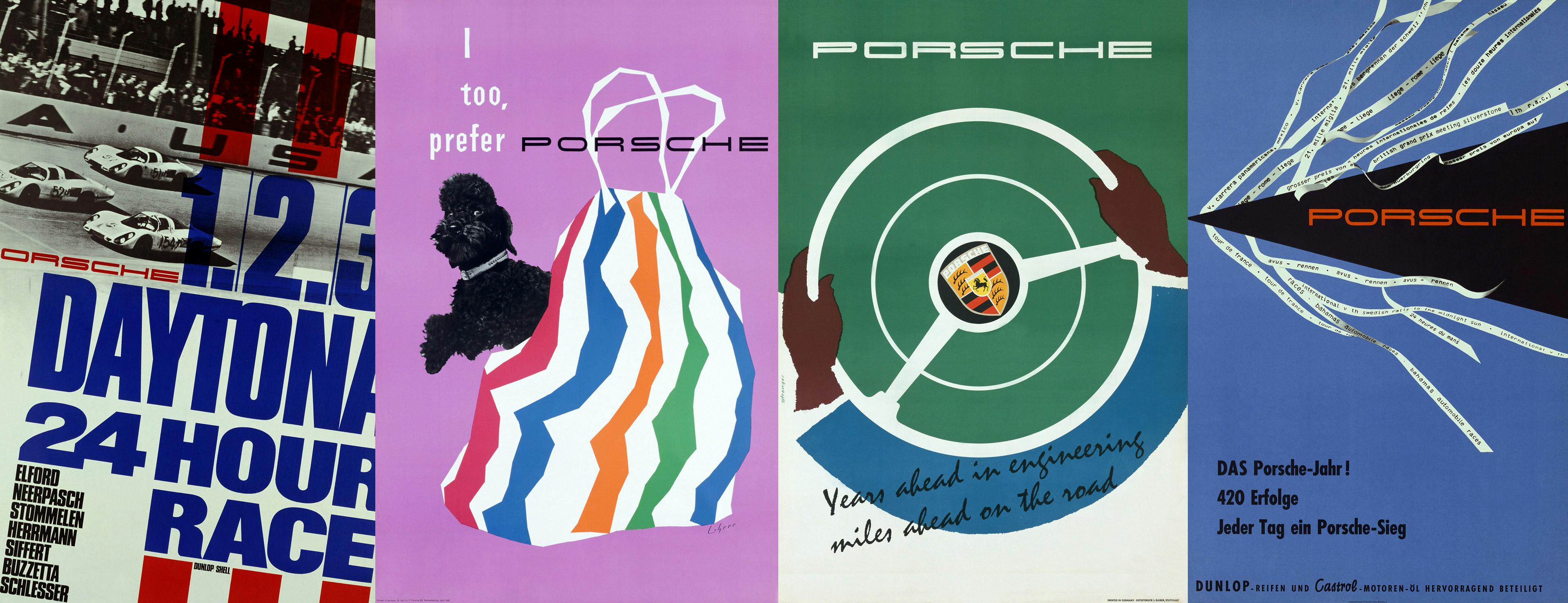 Four Porsche vintage advertising posters from the 1960s in bold colors and with graphic elements, including a poodle in a carrier bag and a steering wheel with Porsche logo.