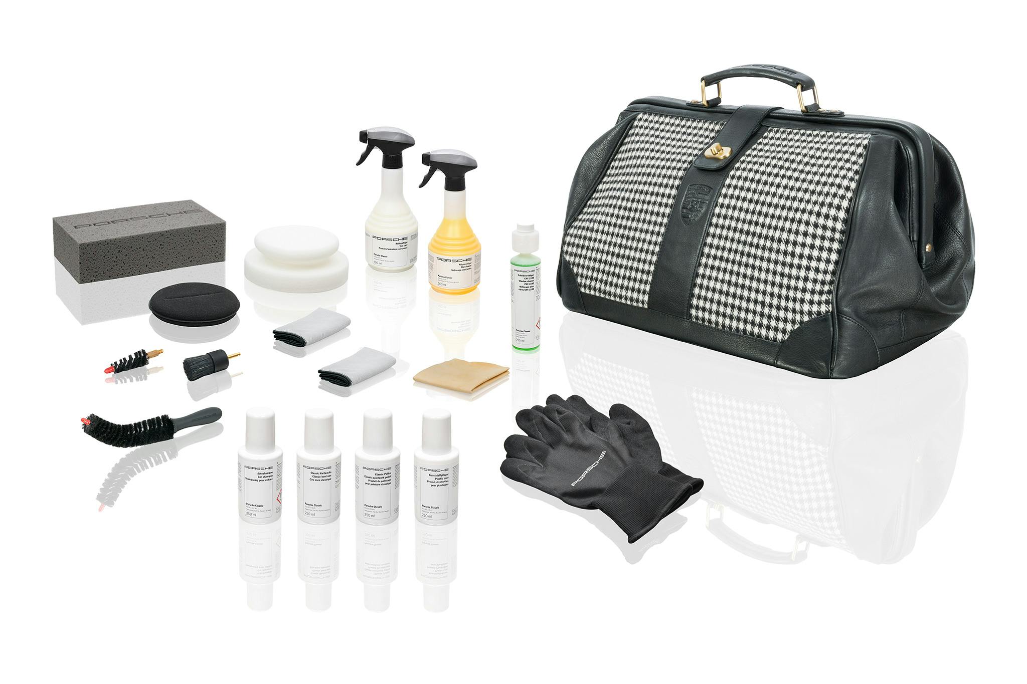 Photo: Porsche Classic Car Care Set, bag with Pepita houndstooth pattern, products