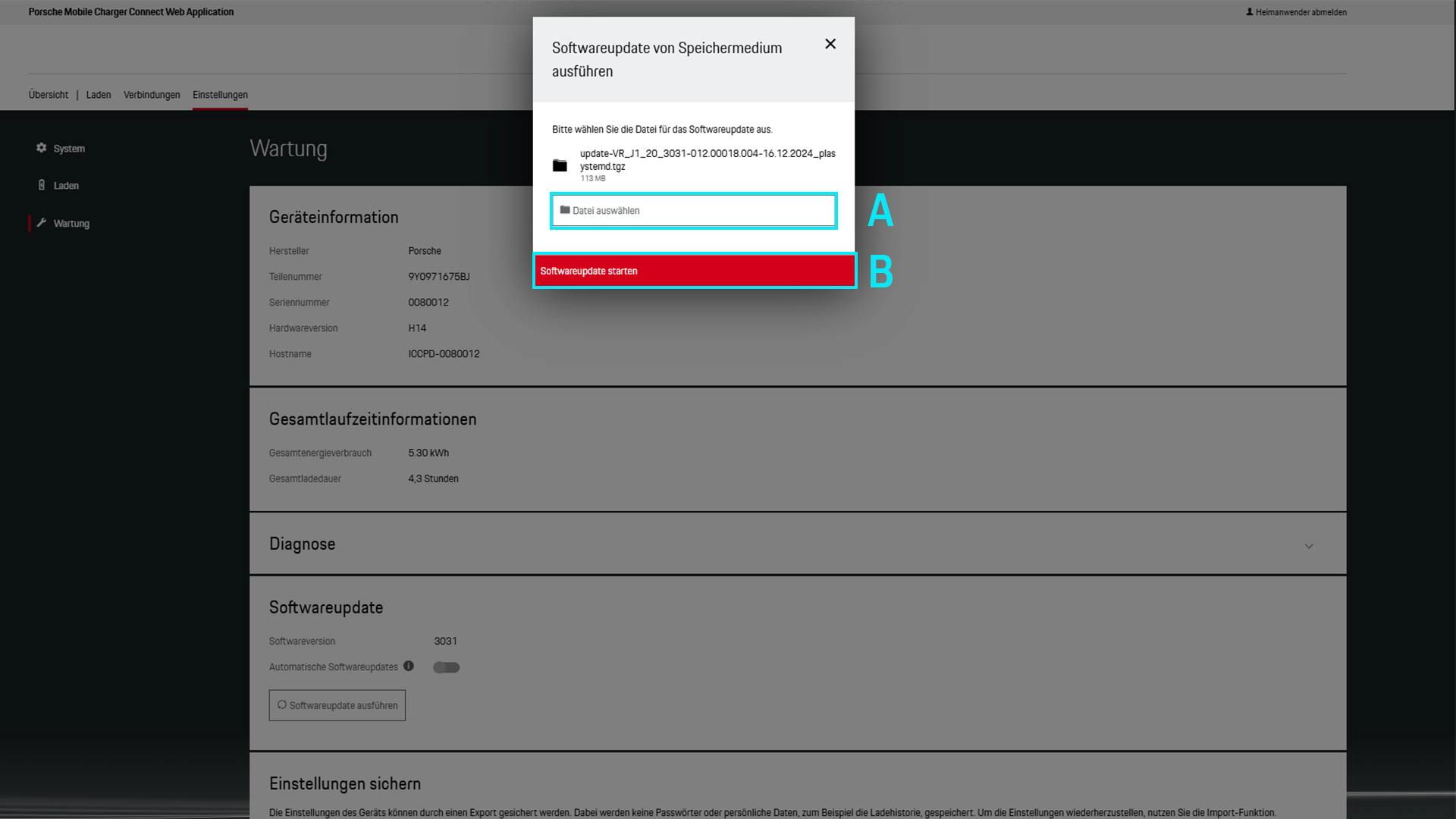 Dateiauswahl aus den lokalen Dateien für das Software Update. Die Schaltfläche Start Software Update ist markiert.