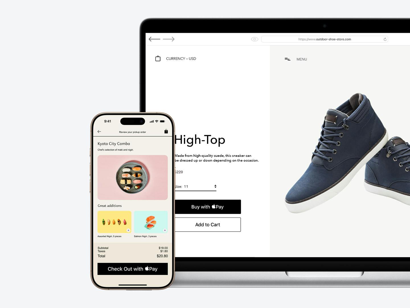 Smartphone mit Online-Shop und Apple Pay Checkout neben einem Laptop mit Produktseite für blaue High-Top-Sneaker.