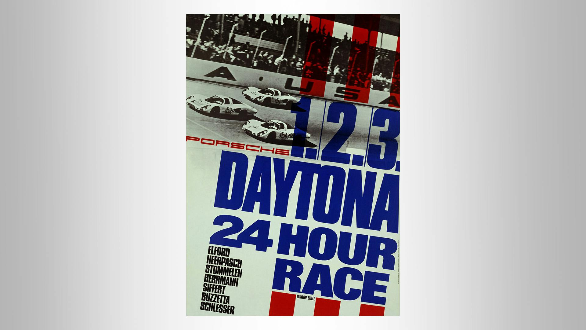 Daytona 24 Hours race poster: A black & white photo of the Daytona 24 Hours Race with blue and red grafic elements.