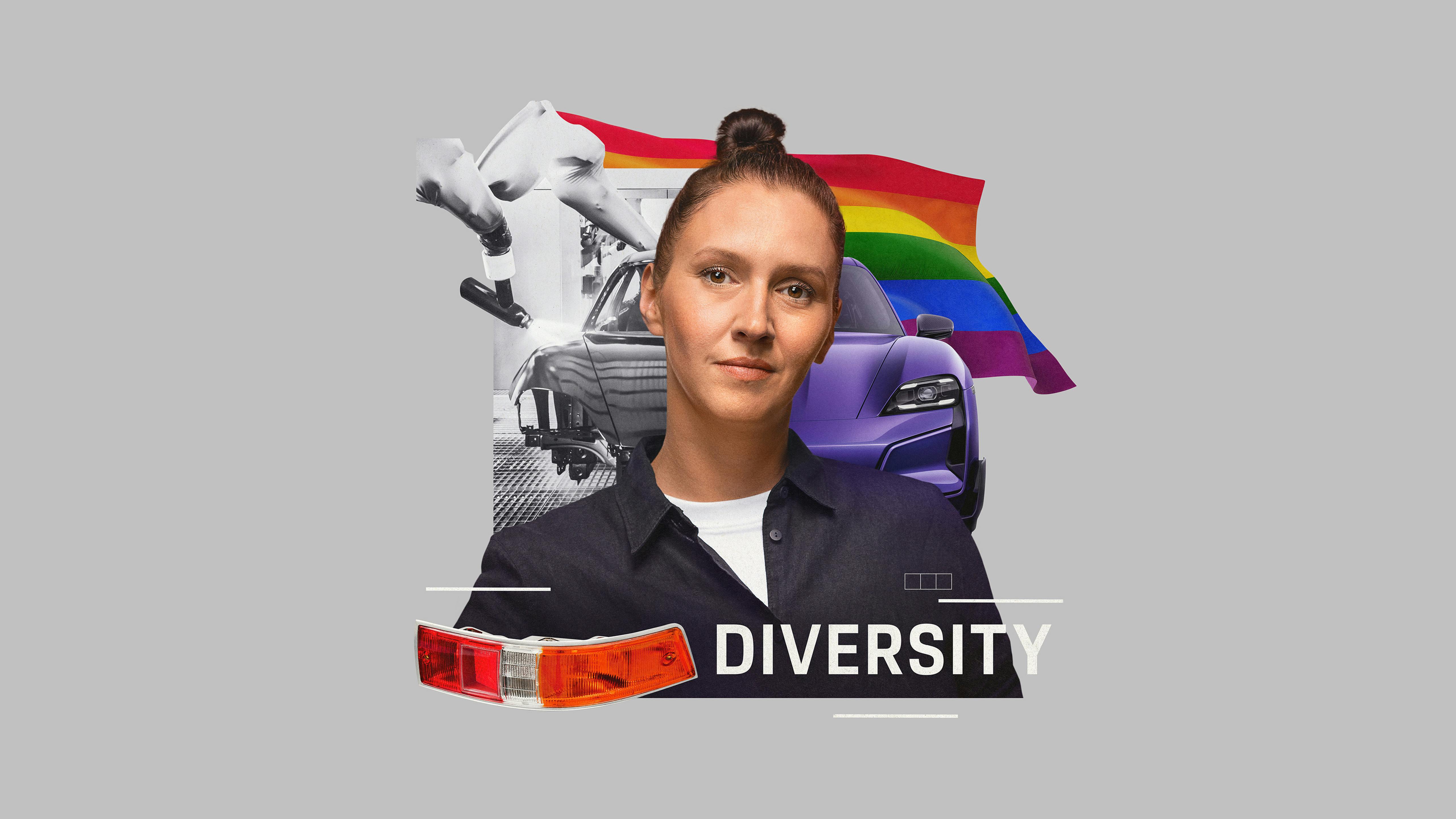 Eine Collage, die Porsche Dreamer Stephanie mit einem Fahrzeug im Lackprozess und einer Regenbogenflagge zeigt.