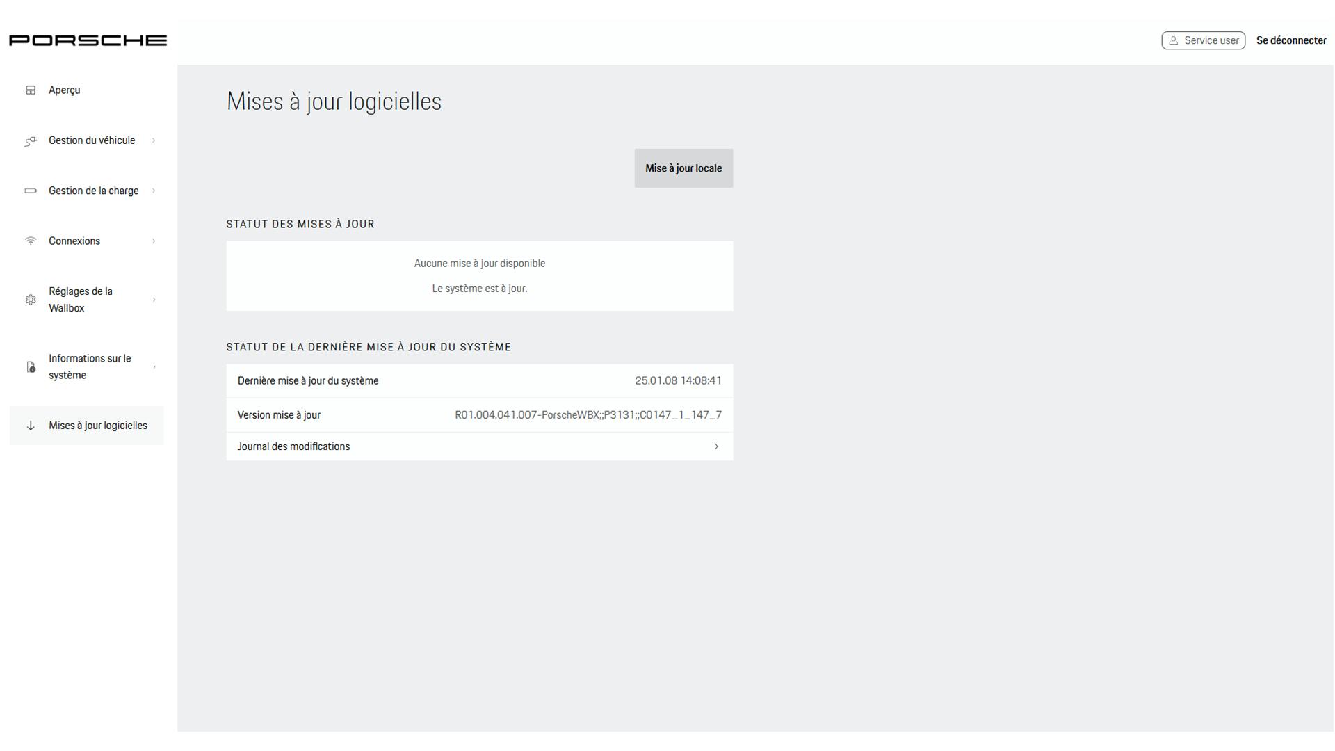 Menu pour la mise à jour du logiciel dans l’application Web. Le bouton permettant d’effectuer une mise à jour locale se trouve en haut à droite.