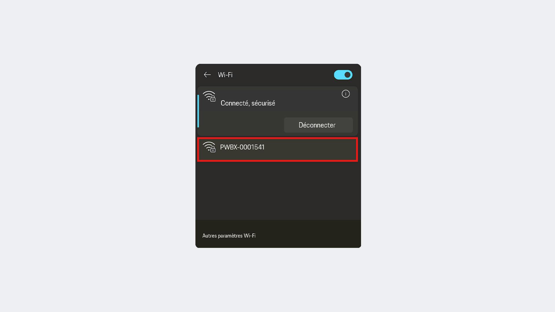 Menu des paramètres Wi-Fi. Le réseau « PWBX-0001541 » est mis en surbrillance.