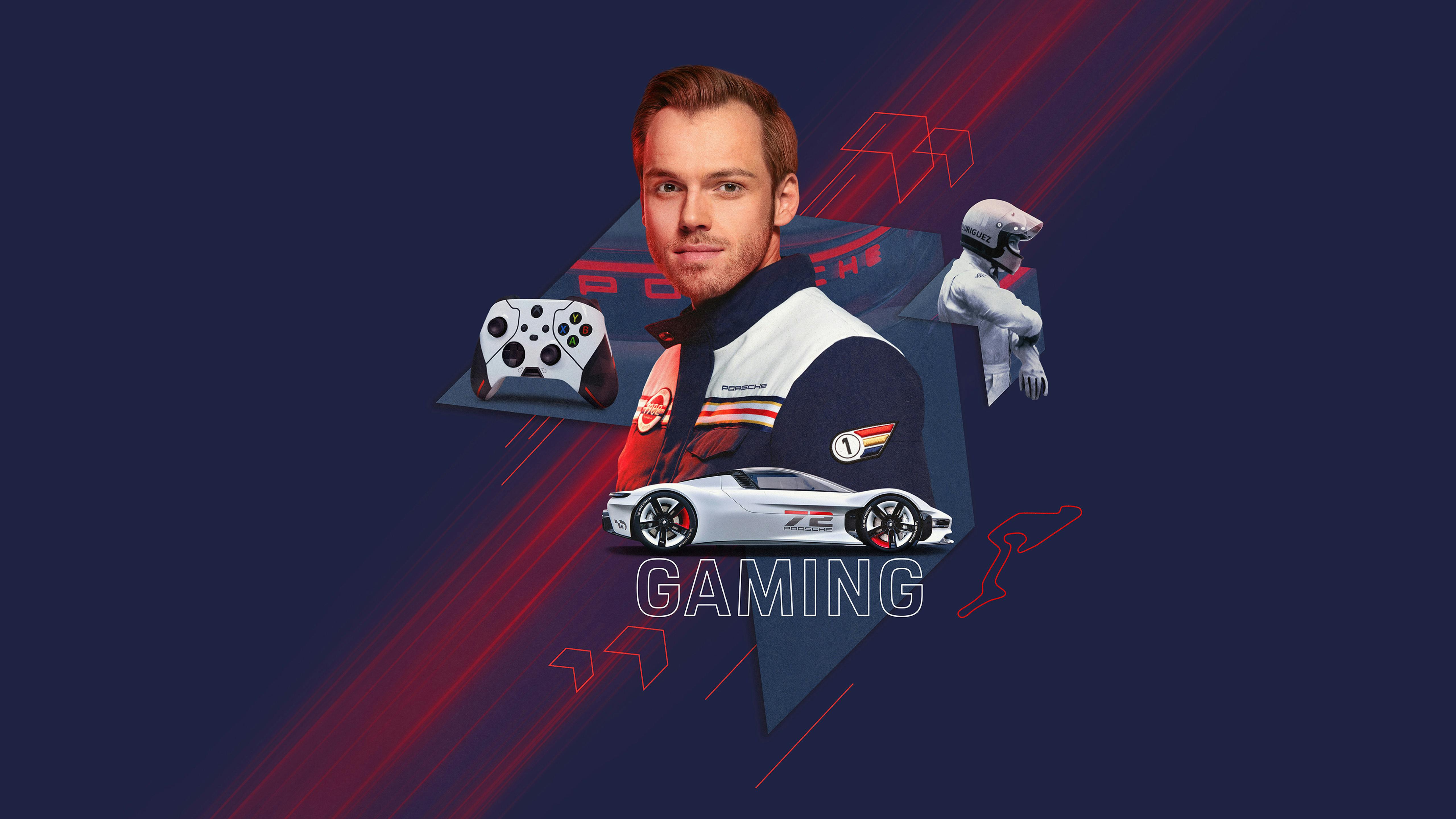 Collage und Portrai des Porsche Mitarbeiters Niklas mit unterschiedlichen Elemente aus dem Gaming und Rennsport.