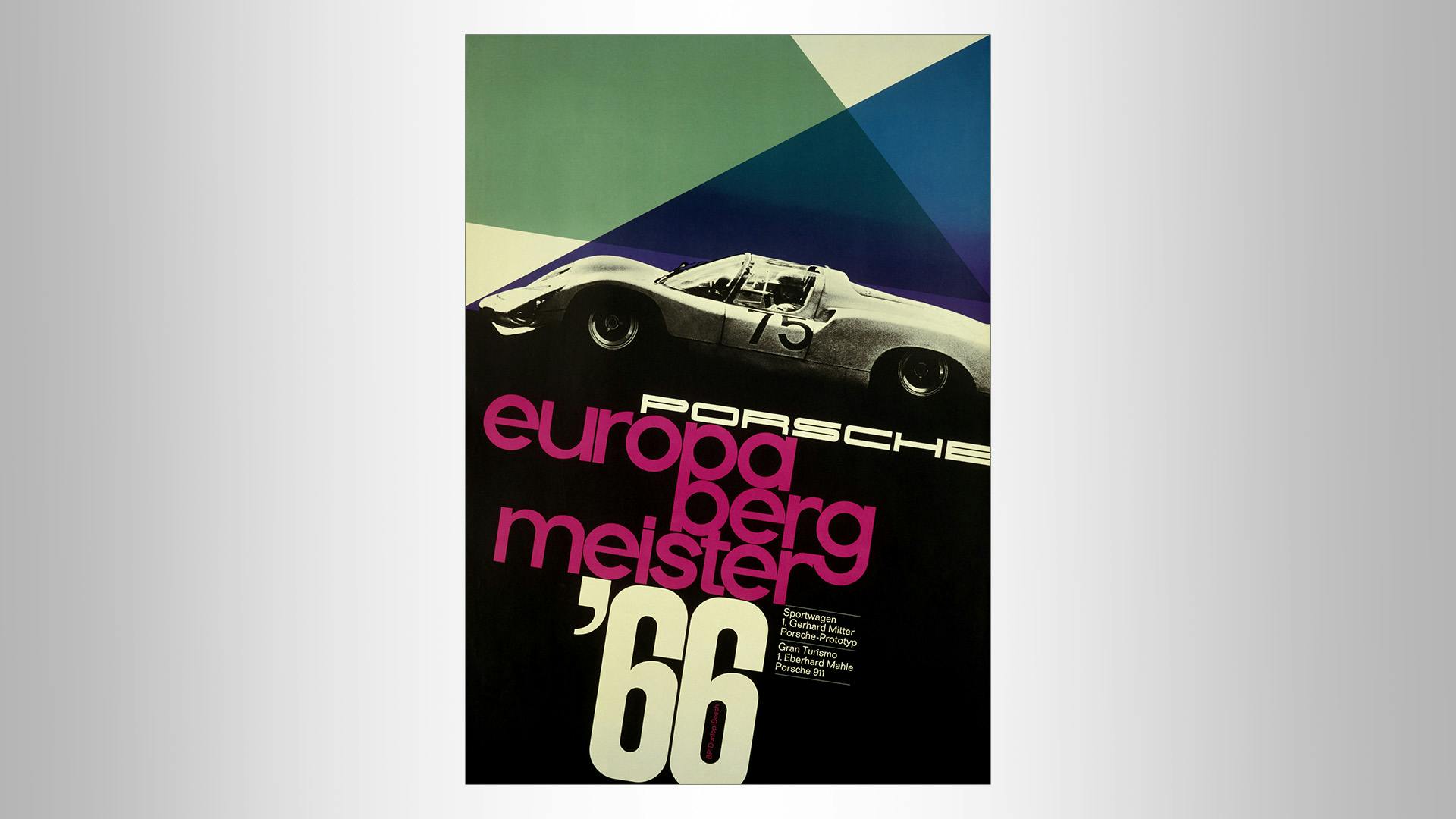 Porsche Europabergmeister race poster 1966 with grafic elements in blue, green, purple and a black/white photo of a Porsche sportscar.