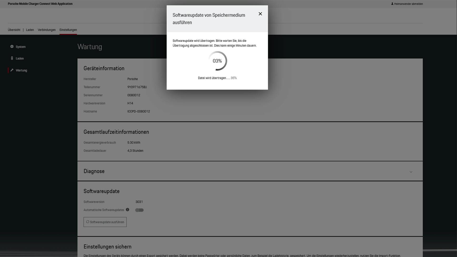 Fortschrittsanzeige des Software Updates nachdem ein lokales Update gestartet wurde.