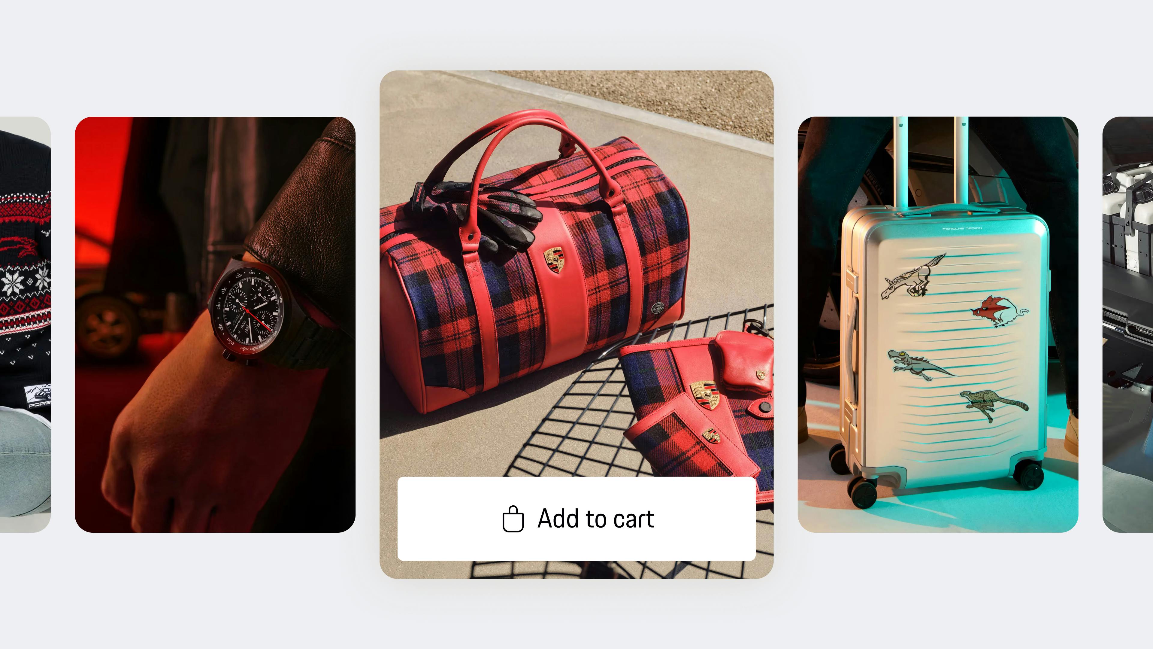 App view showing Porsche bag in red checkered design with gloves and wallet, including ‘Add to cart’ button for purchase option.