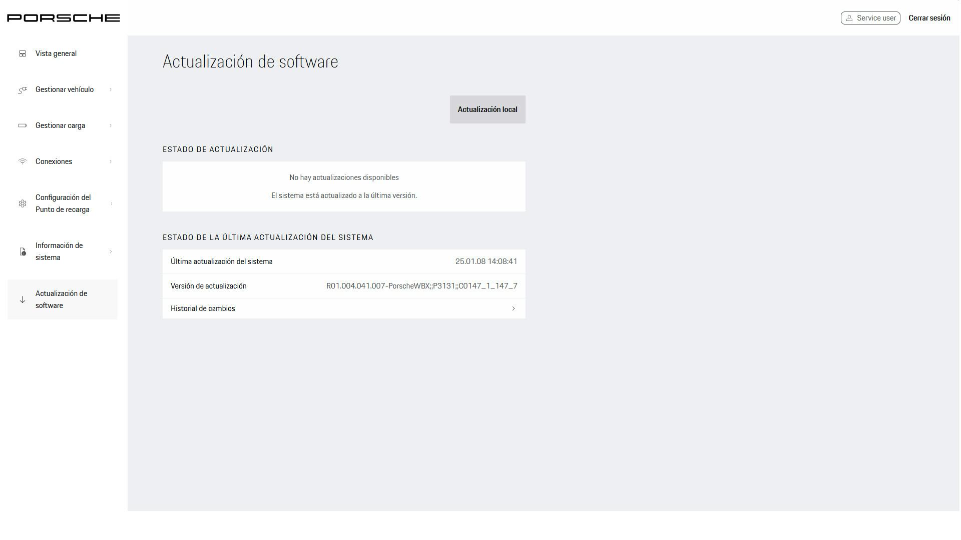 Menú de actualización de software en la aplicación web. El botón para la actualización local se encuentra en la parte superior derecha.