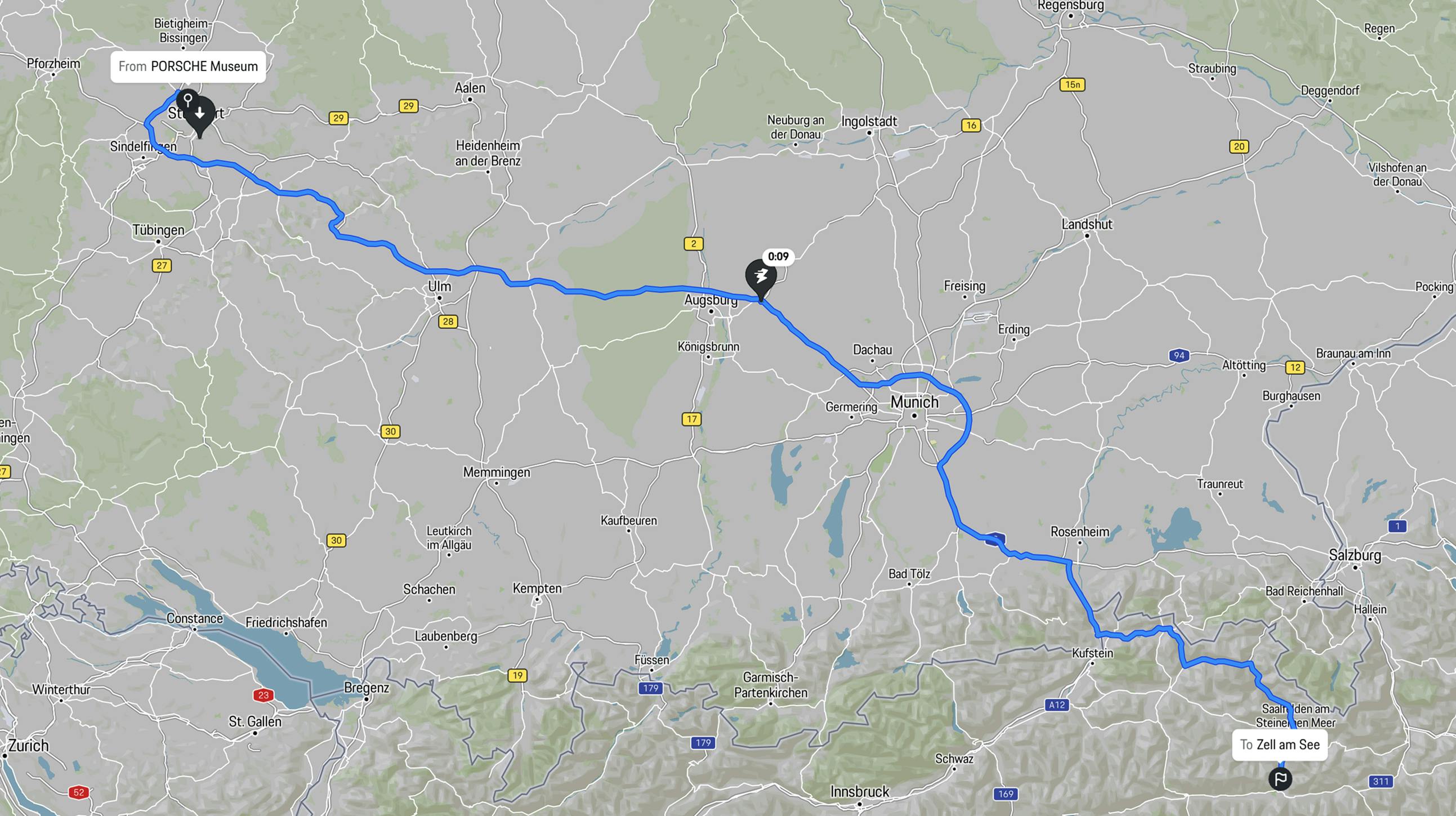 Route view of the Porsche Charge Map.