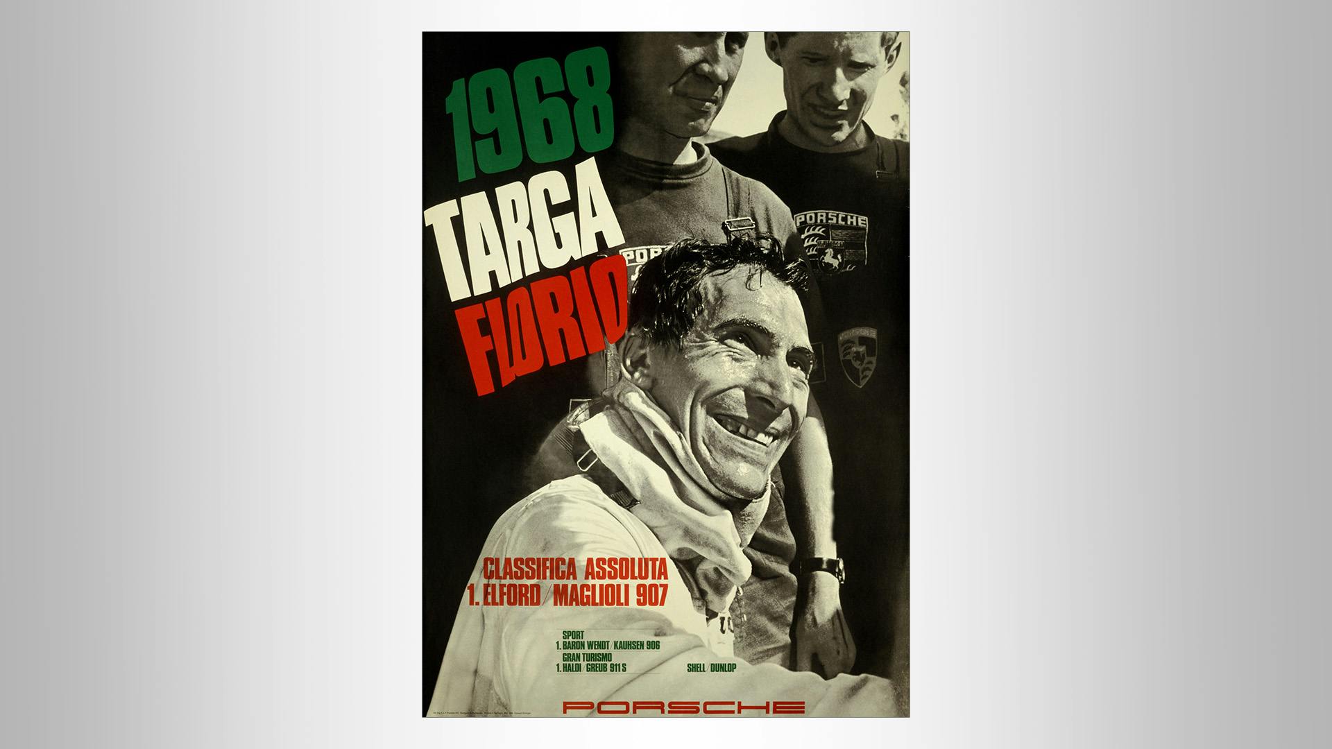 Porsche victory poster with a black/white picture of the winner of Targa Florio 1968.