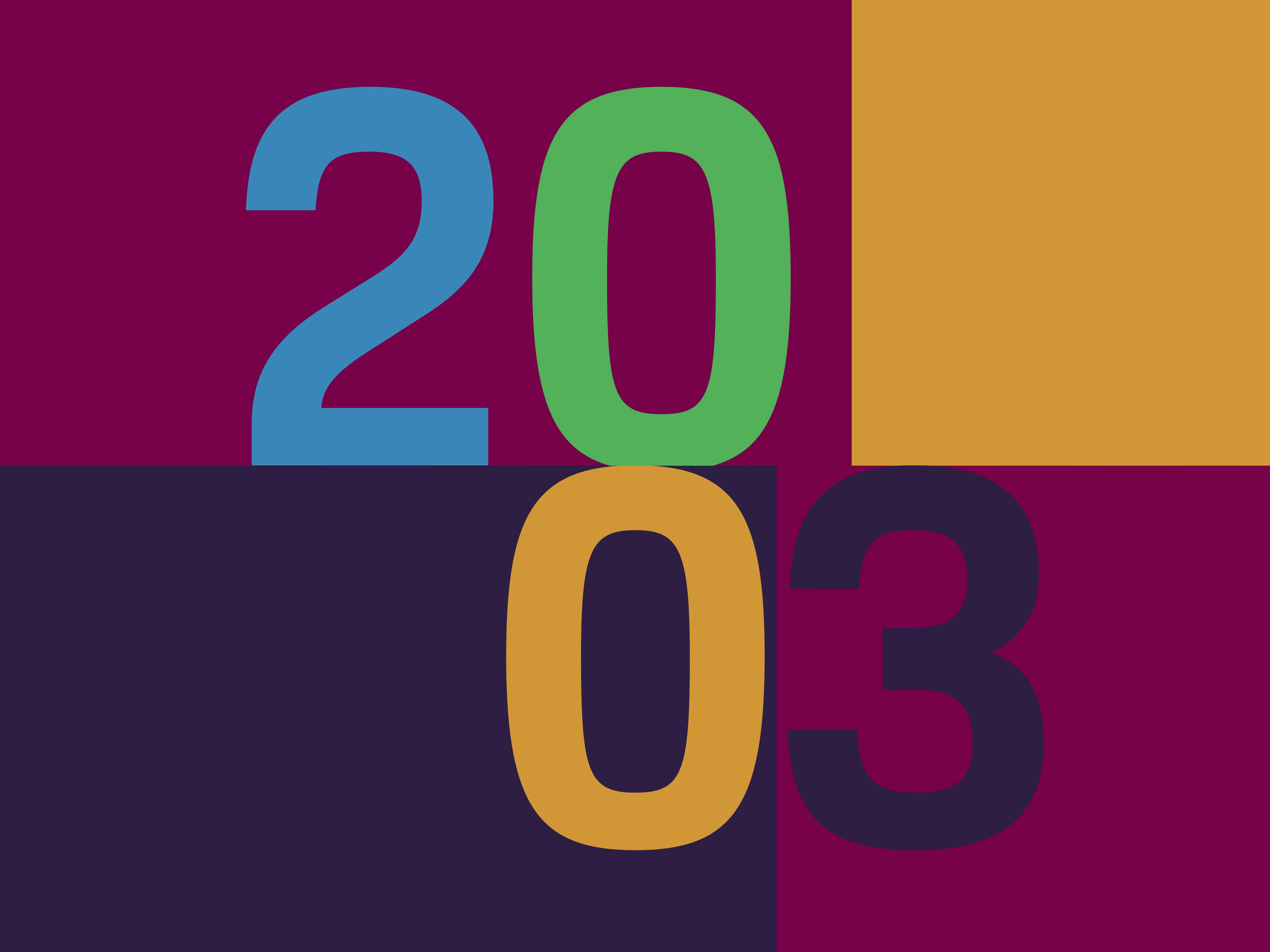 Dreams in Colours: Four coloured squares with big coloured number 2003.