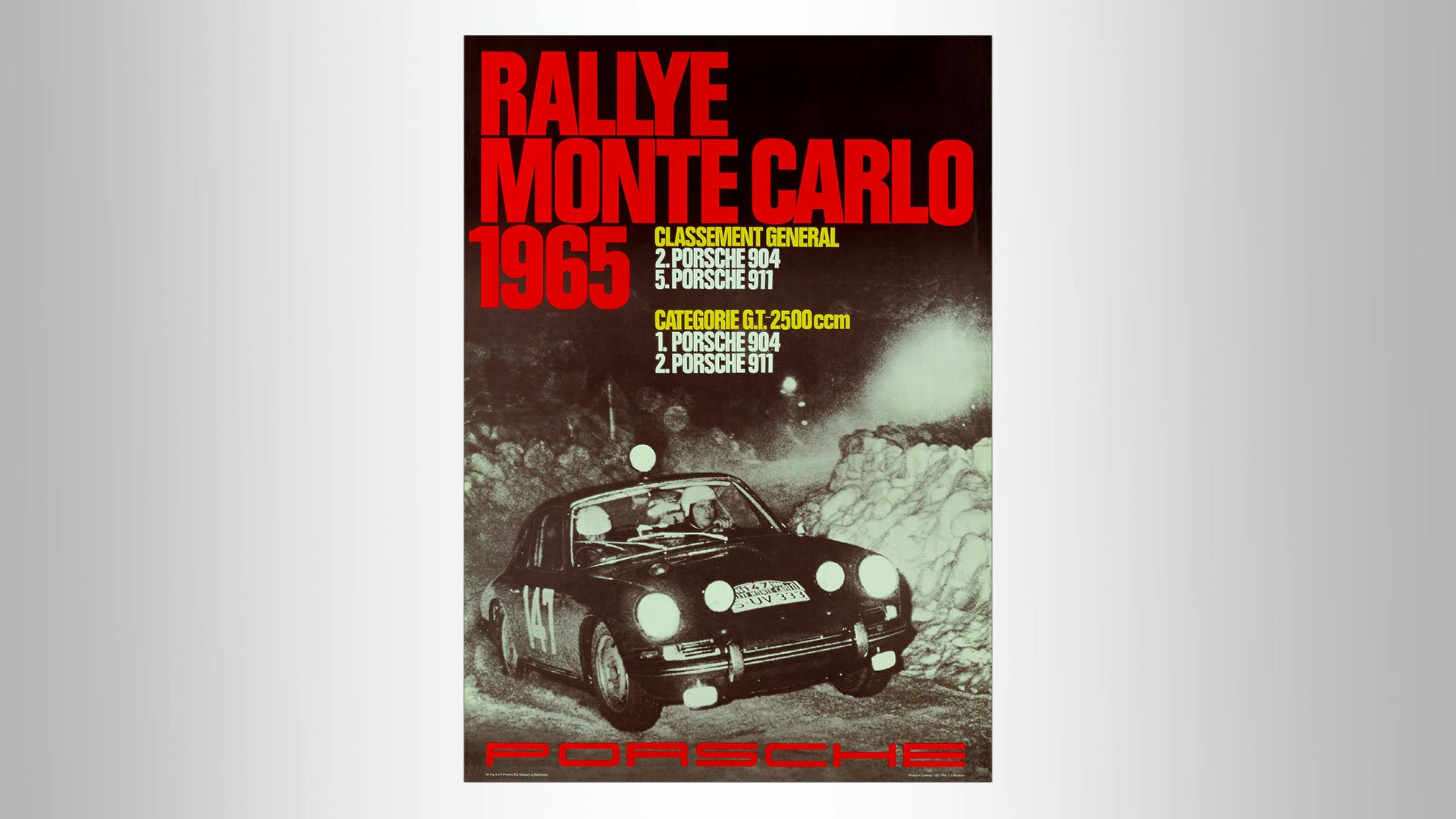 Siegesposter with a historic picture of the snowy racetrack and the writing: Monte Carlo Rallye 1965