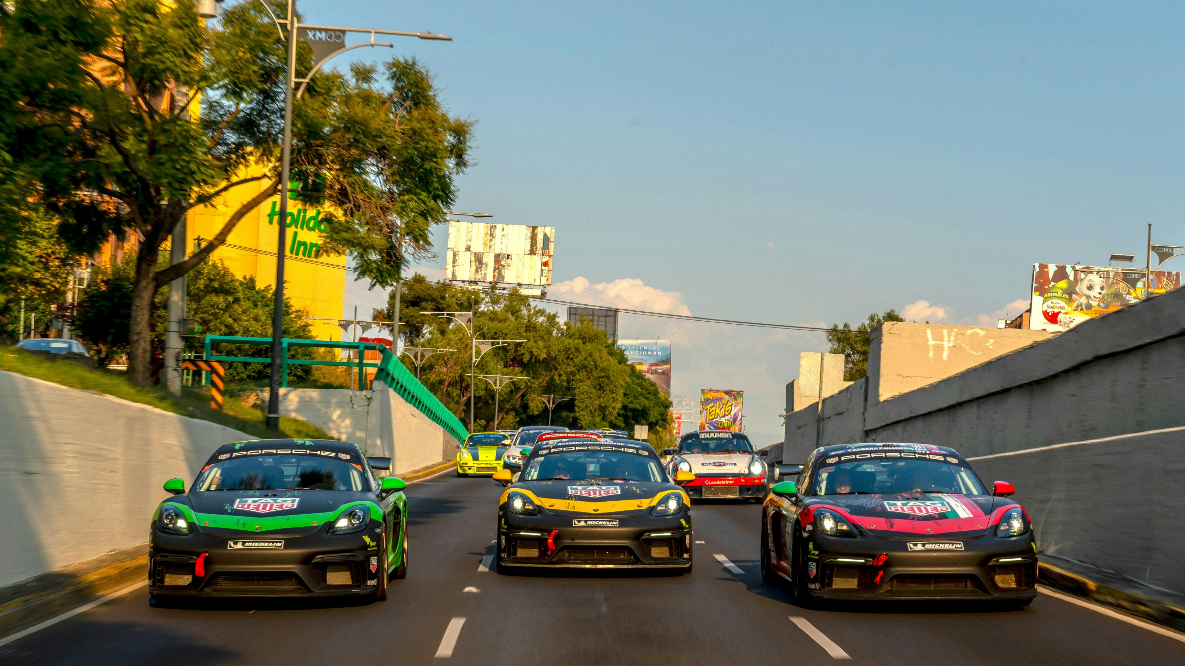 Three Porsche Cayman GT4 Clubsport models inspired by three Tag Heuer watches.