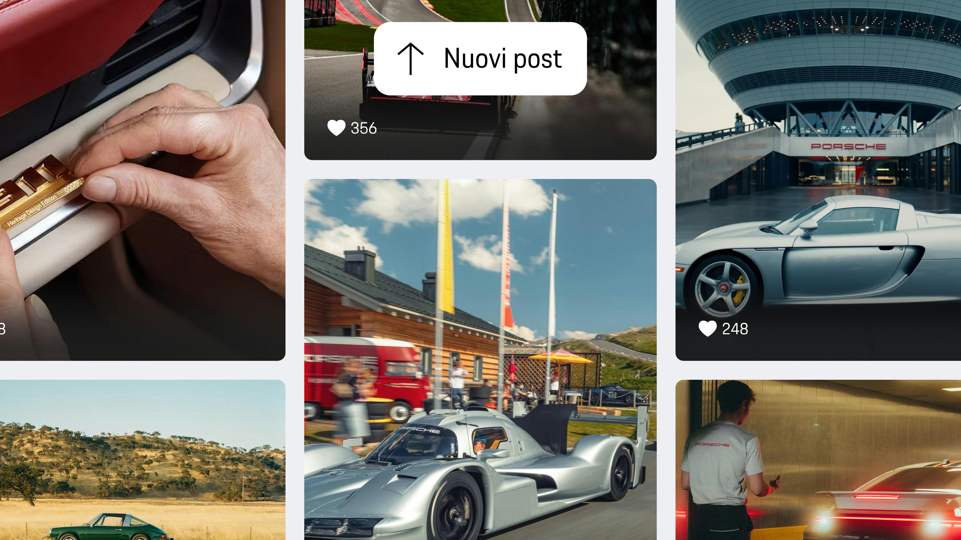 Vista dell'app che mostra il feed Discover Porsche con nuovi post: motorsport, eventi, modelli classici e scene dall'officina in layout a griglia
