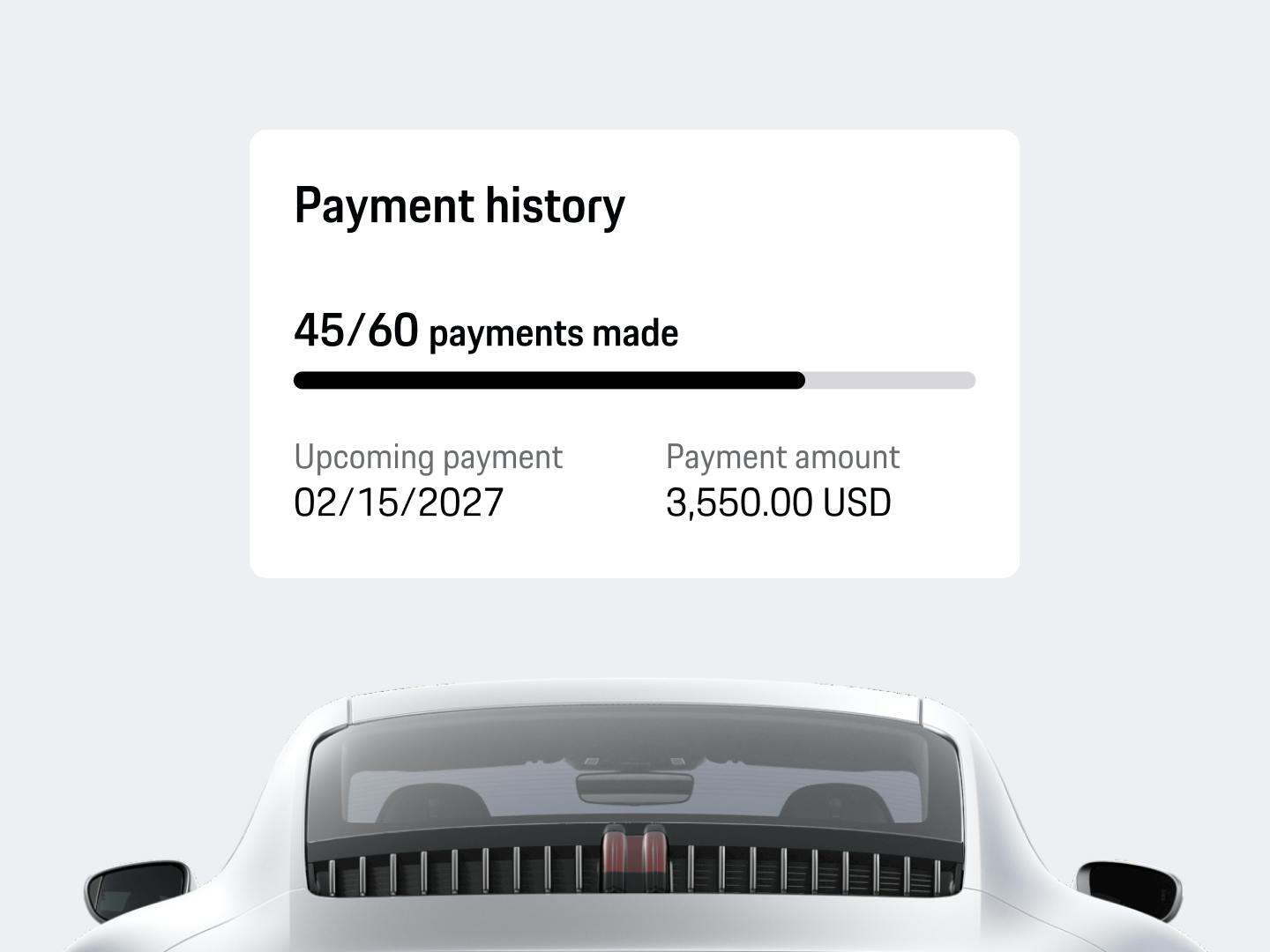 Rear view of a white Porsche with a payment history overview card.