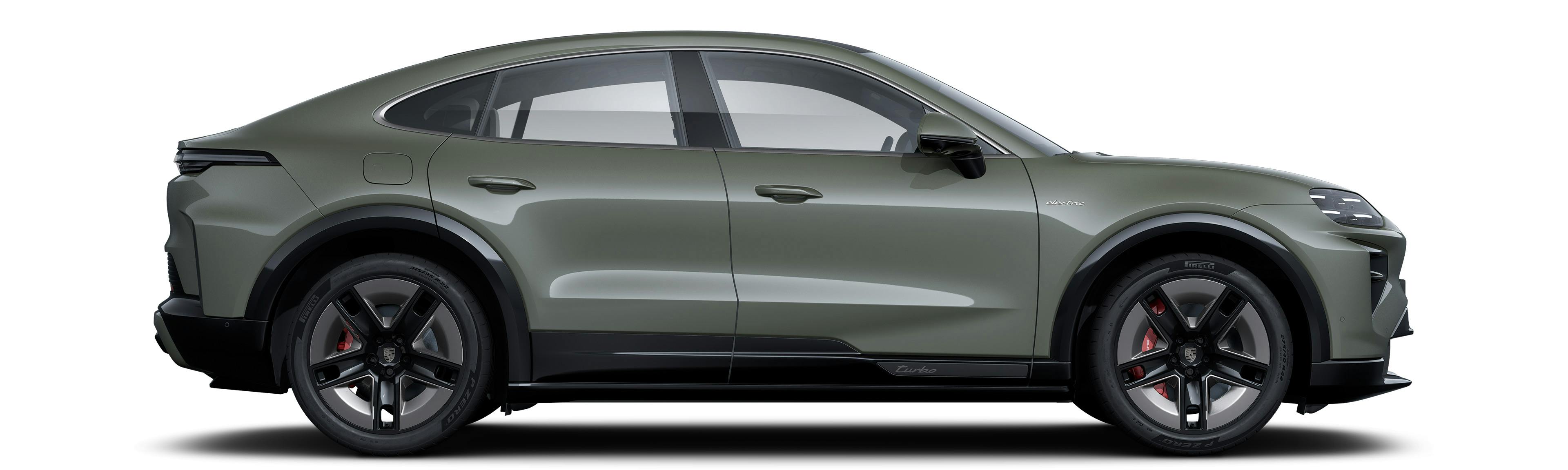 The side profile of a Porsche Cayenne Turbo Coupé Electric against a white background.