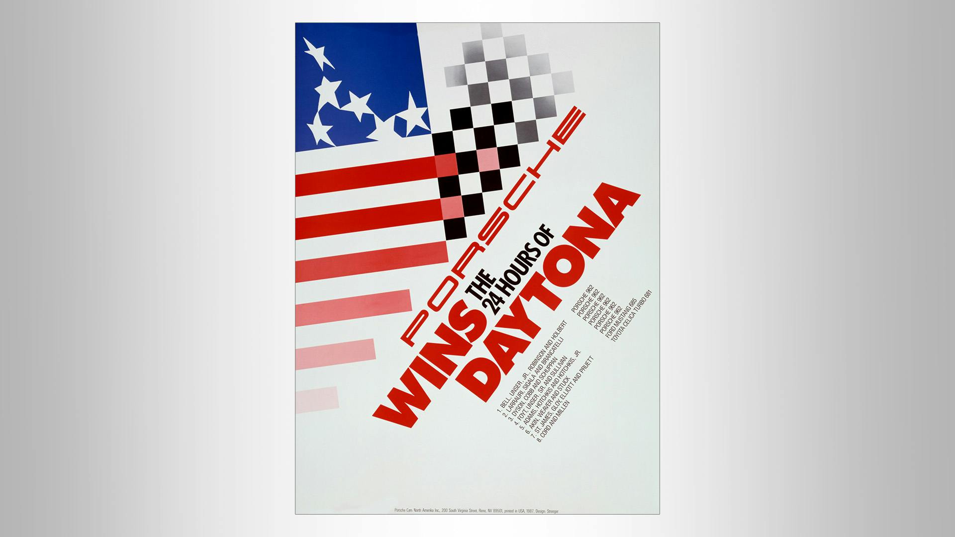 Fragic styled Porsche victory poster with the writing: 24 hours of Daytona on a white background.