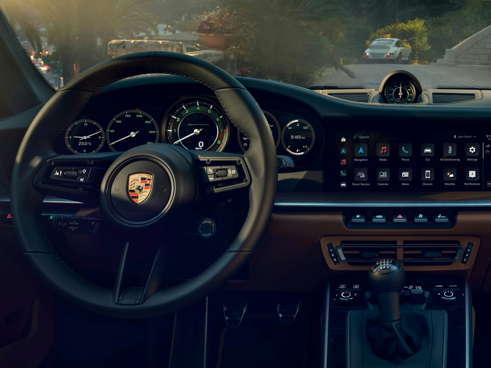 Detailed view of the instrument cluster in the Porsche 911 Sport Classic.