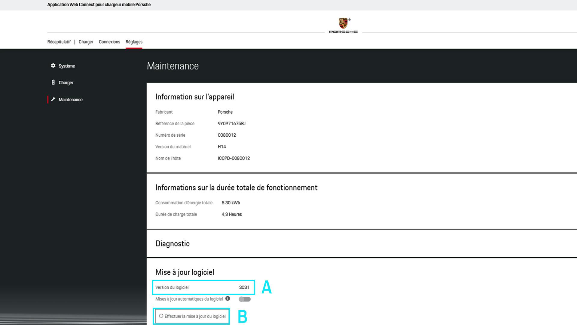 Menu Maintenance dans l’application Web. La version du logiciel et l’option Effectuer la mise à jour du logiciel sont en surbrillance.