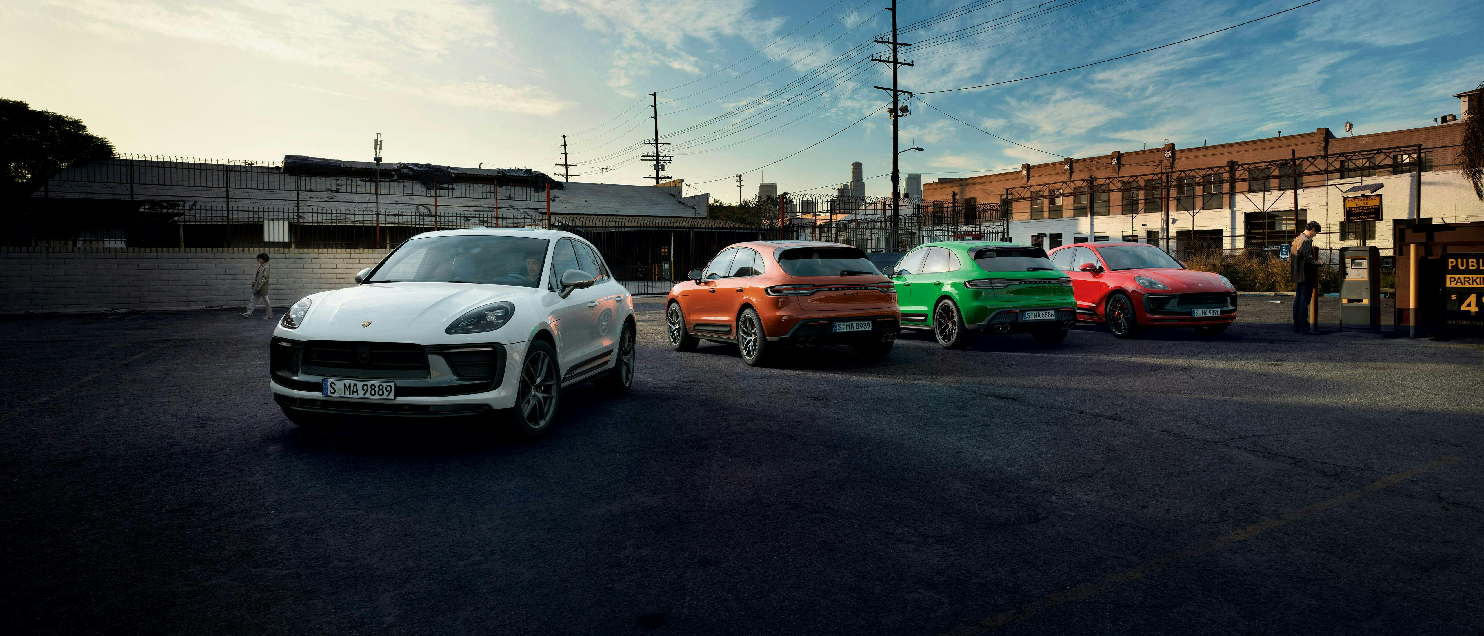 The Macan, Macan S, Macan T and Macan GTS parked in a public parking area.