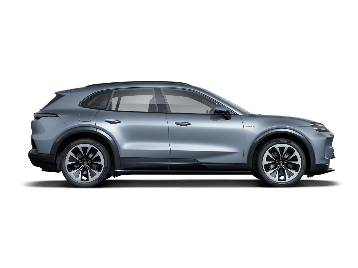 Side view or profile of a Porsche Cayenne Electric in Vanadium Gray Metallic.