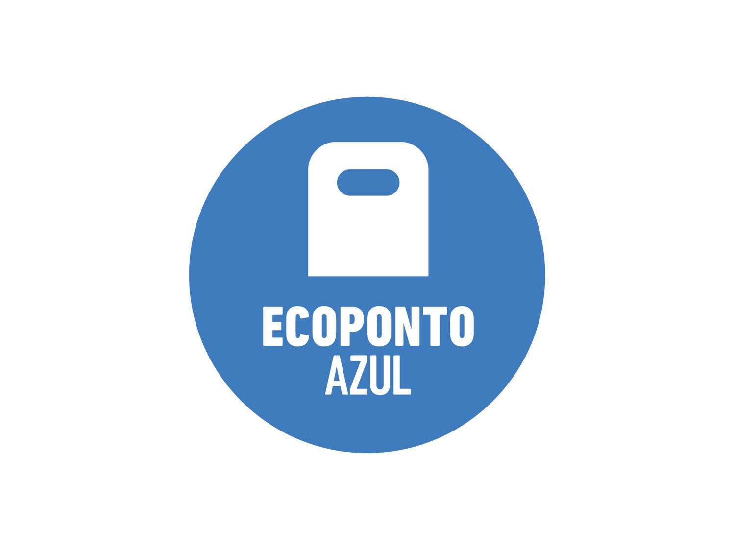 Círculo azul com ícone de um contentor de lixo e texto “Ecoponto Azul”.