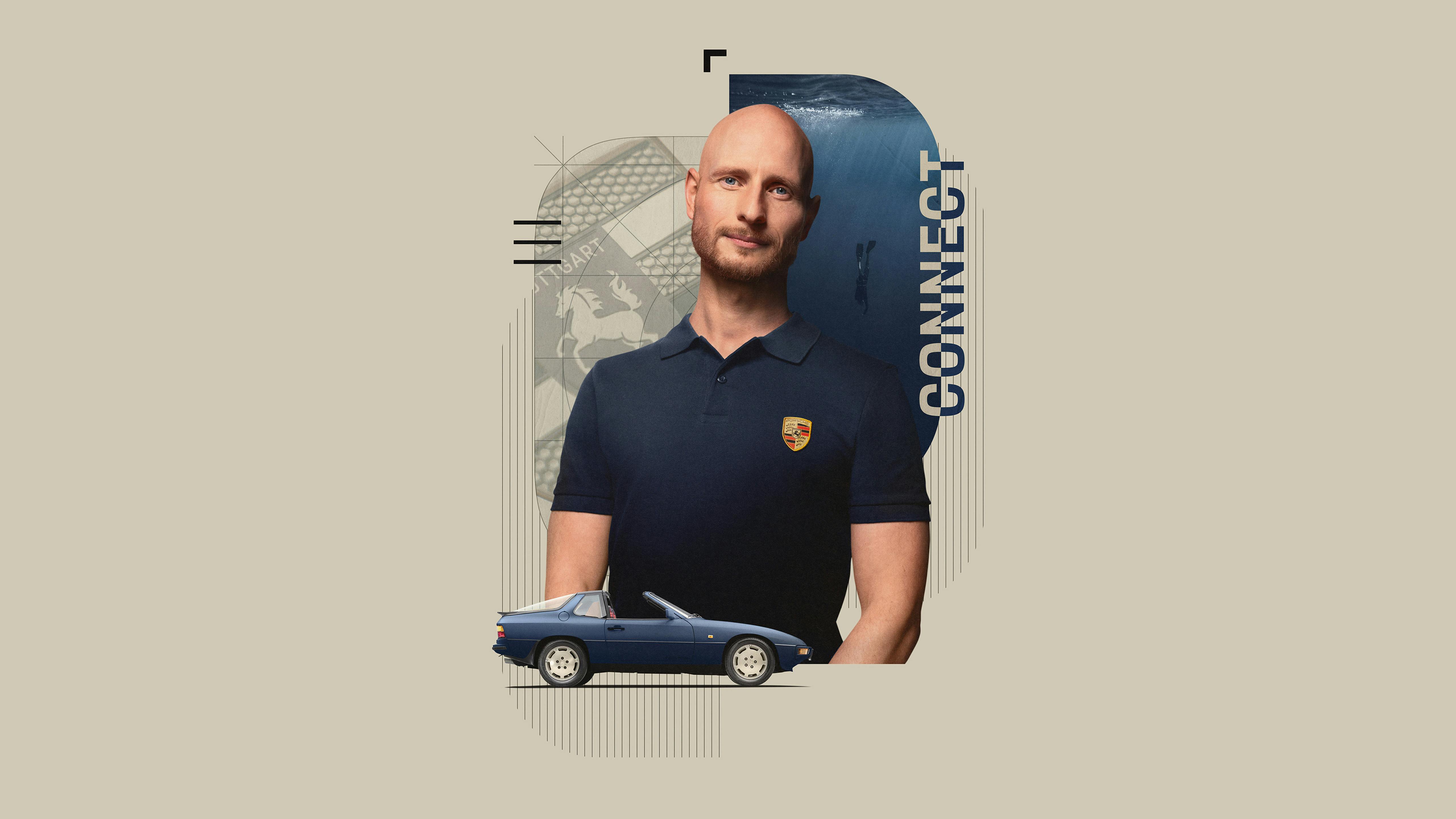 Eine Collage, die Porsche Dreamer Matthias mit einem historischen und dem Porsche Wappen zeigt.