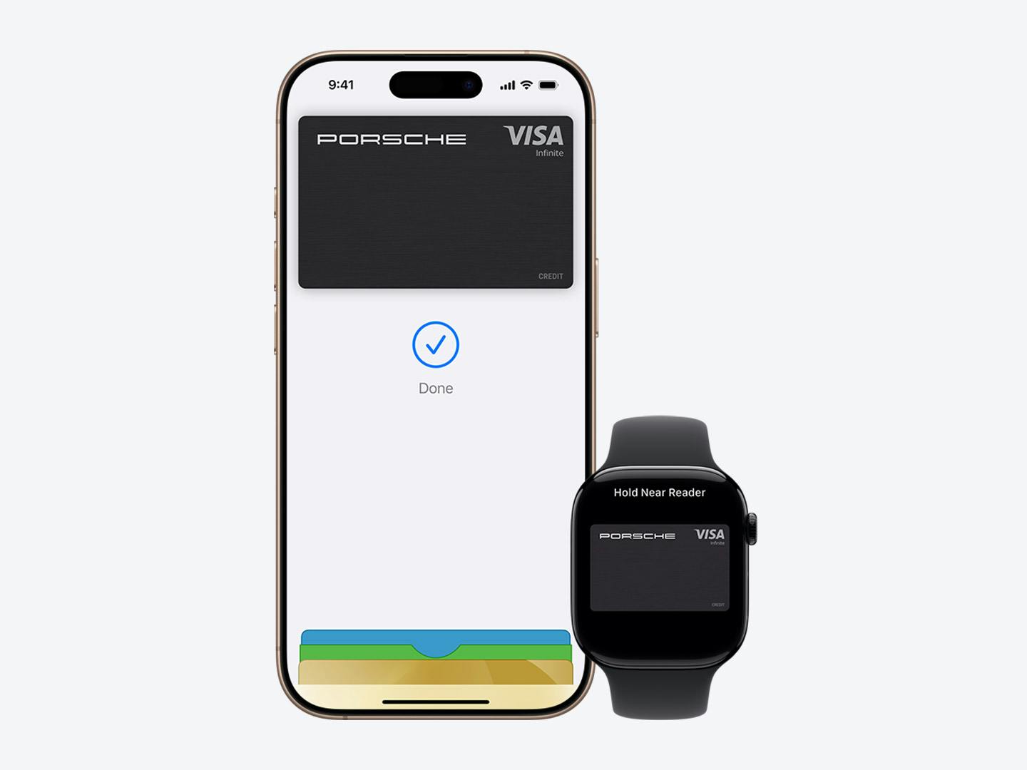 iPhone und Apple Watch mit digitaler Porsche Card in der Wallet-App, iPhone zeigt 'Done' mit Häkchen, Apple Watch zeigt 'Hold Near Reader', beide Karten im Porsche Design mit Visa-Logo.
