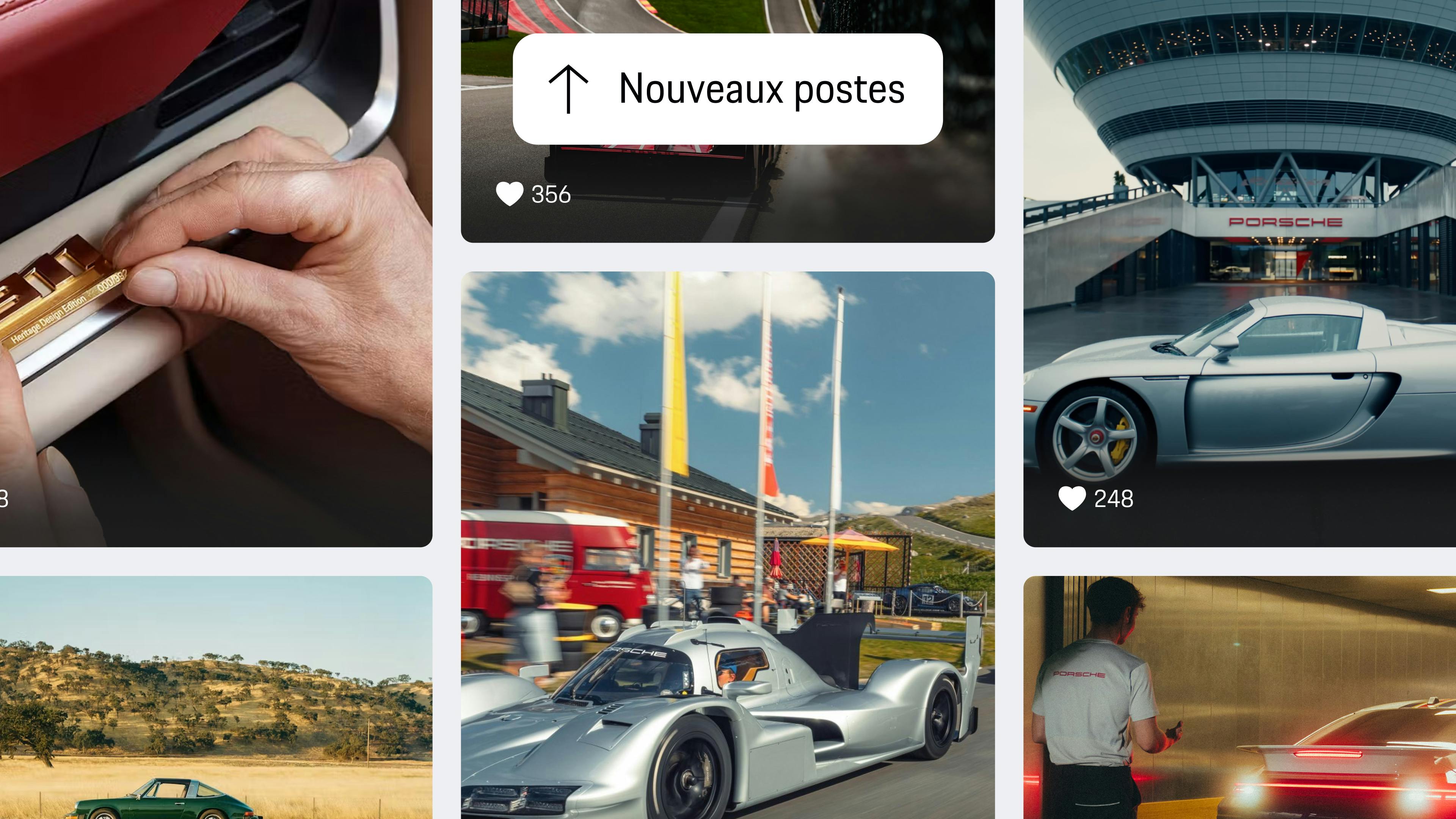 Vue de l'application montrant le fil d'actualité « Découvrez Porsche » avec de nouvelles publications : sport automobile, événements, modèles classiques et scènes d'atelier dans une disposition en grille.