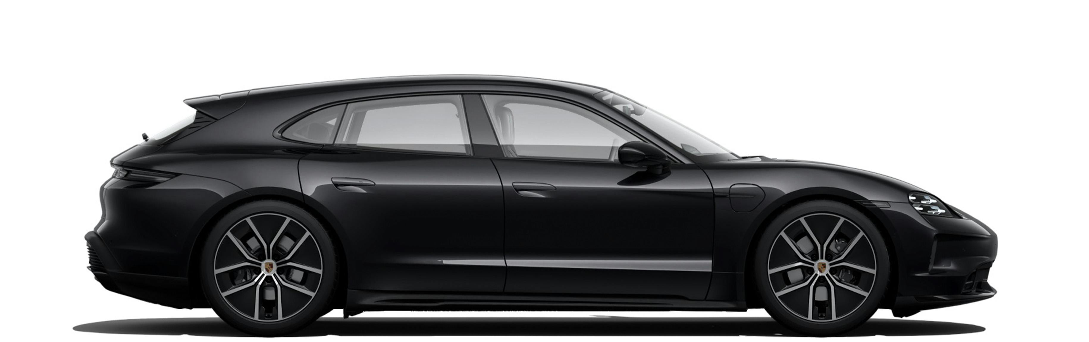 Side shot of a Porsche Taycan Sport Turismo Black Edition on a white background.
