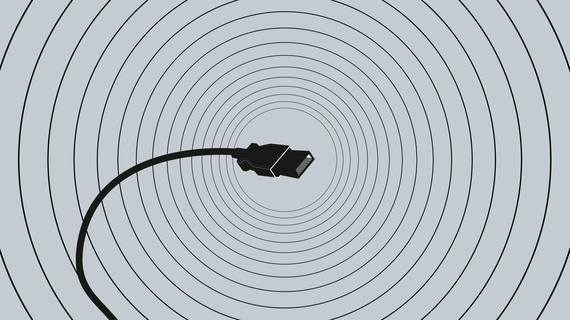 Image in grey with black circles and USB plug in the middle.